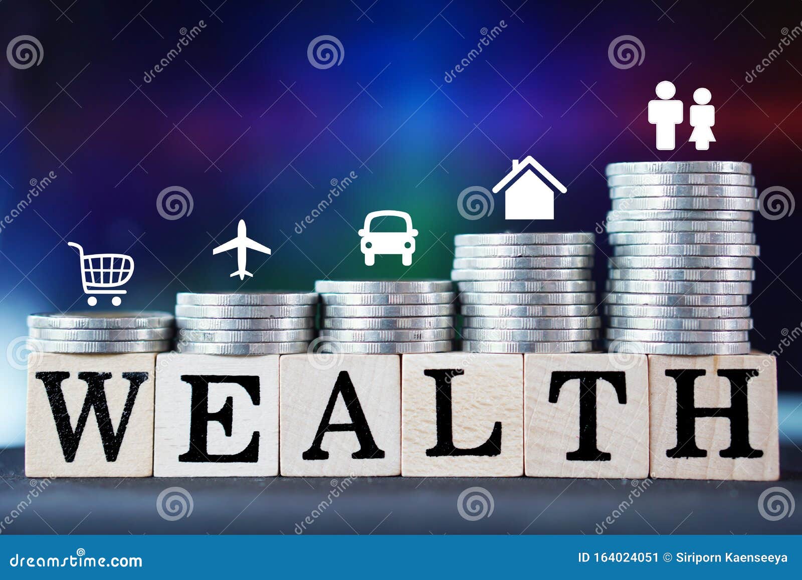 stack of coin with word wealth home,car,happy couples