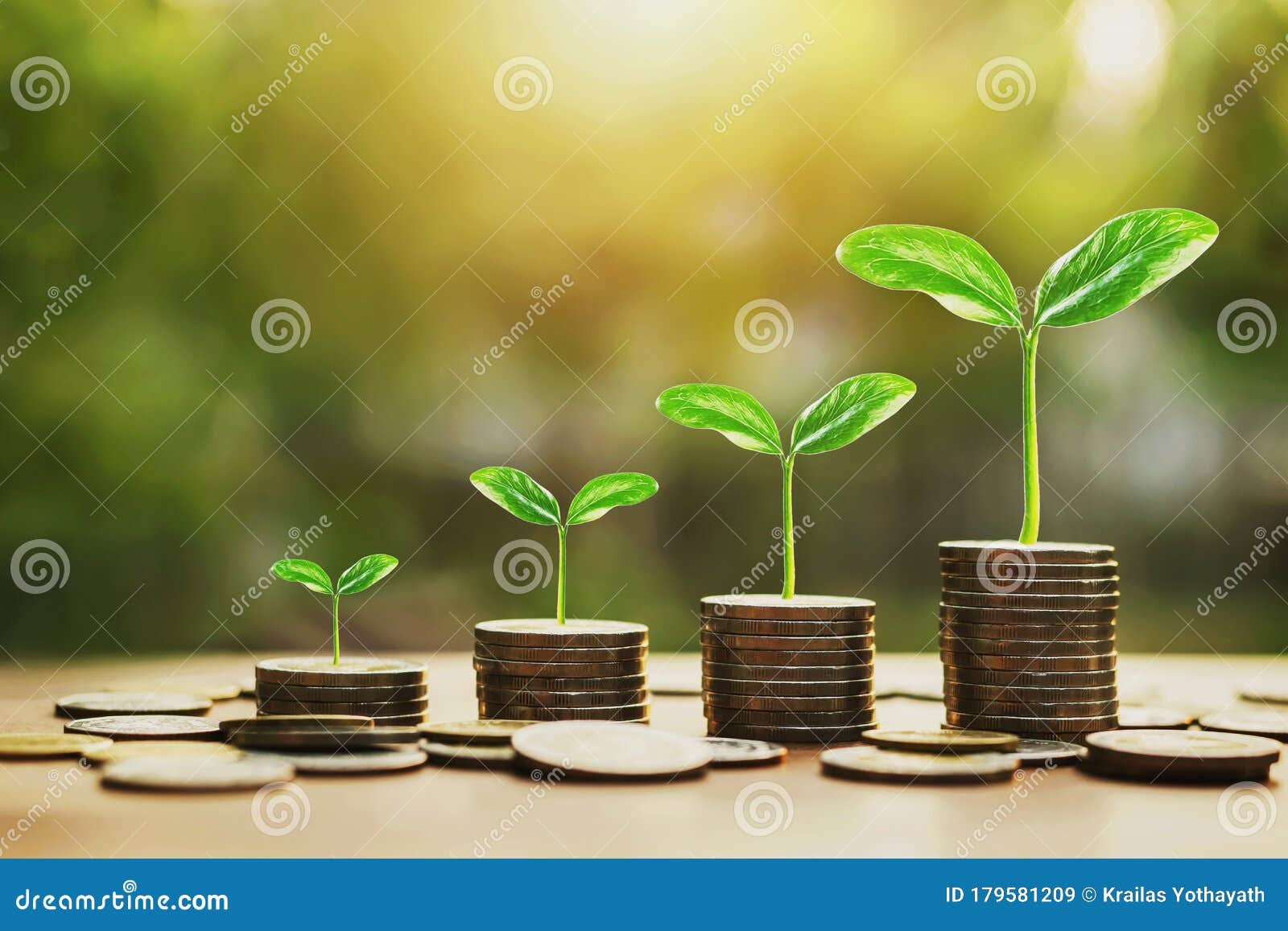 Stack Coins with Plants To Grow into Steps. Business Growth Concept