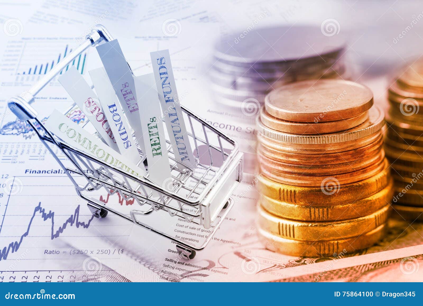 stack of coins and a trolley with various types of financial investment products.