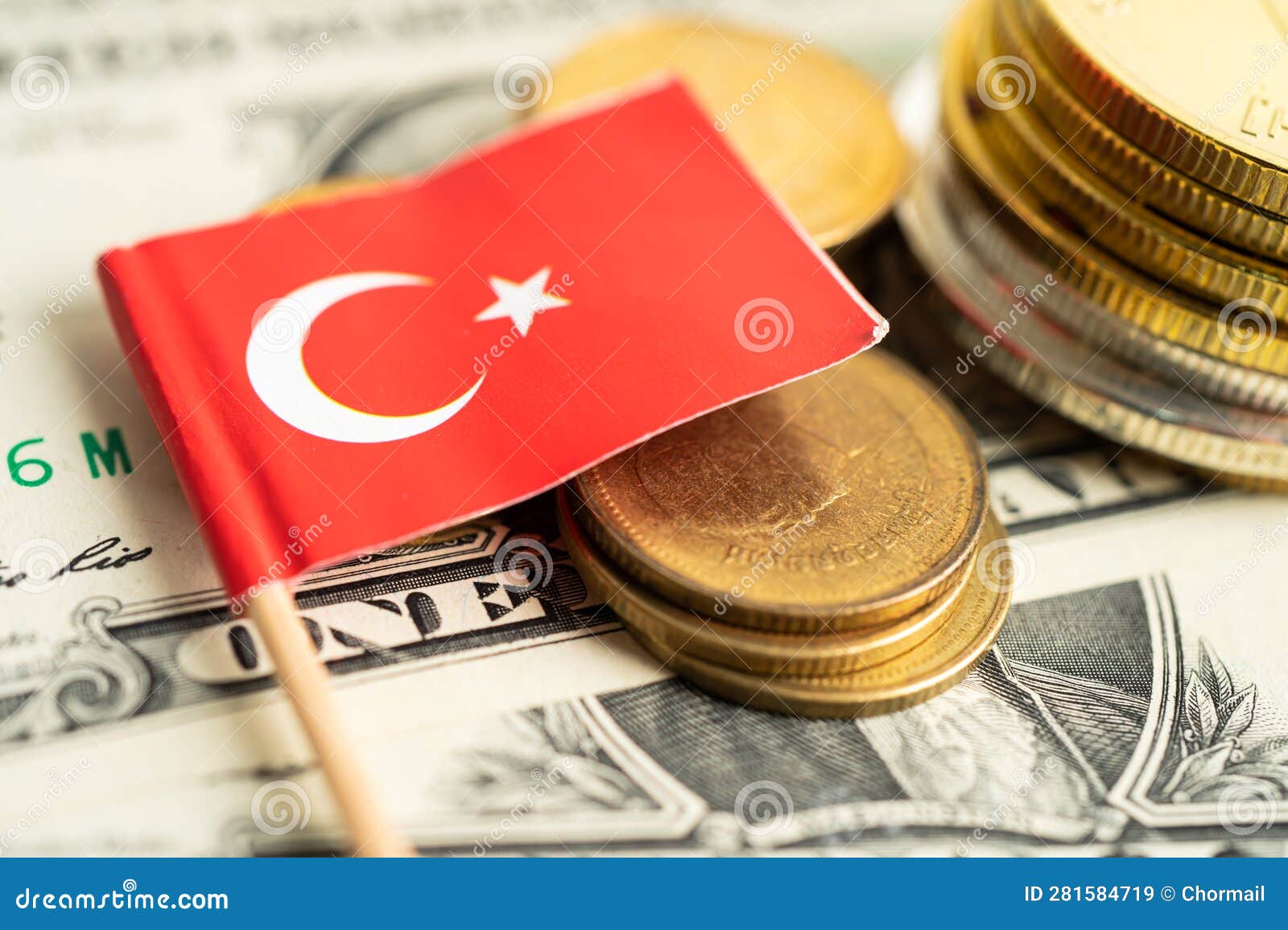 Stack of Coins with Turkey Flag and US Dollar Banknotes Stock Image