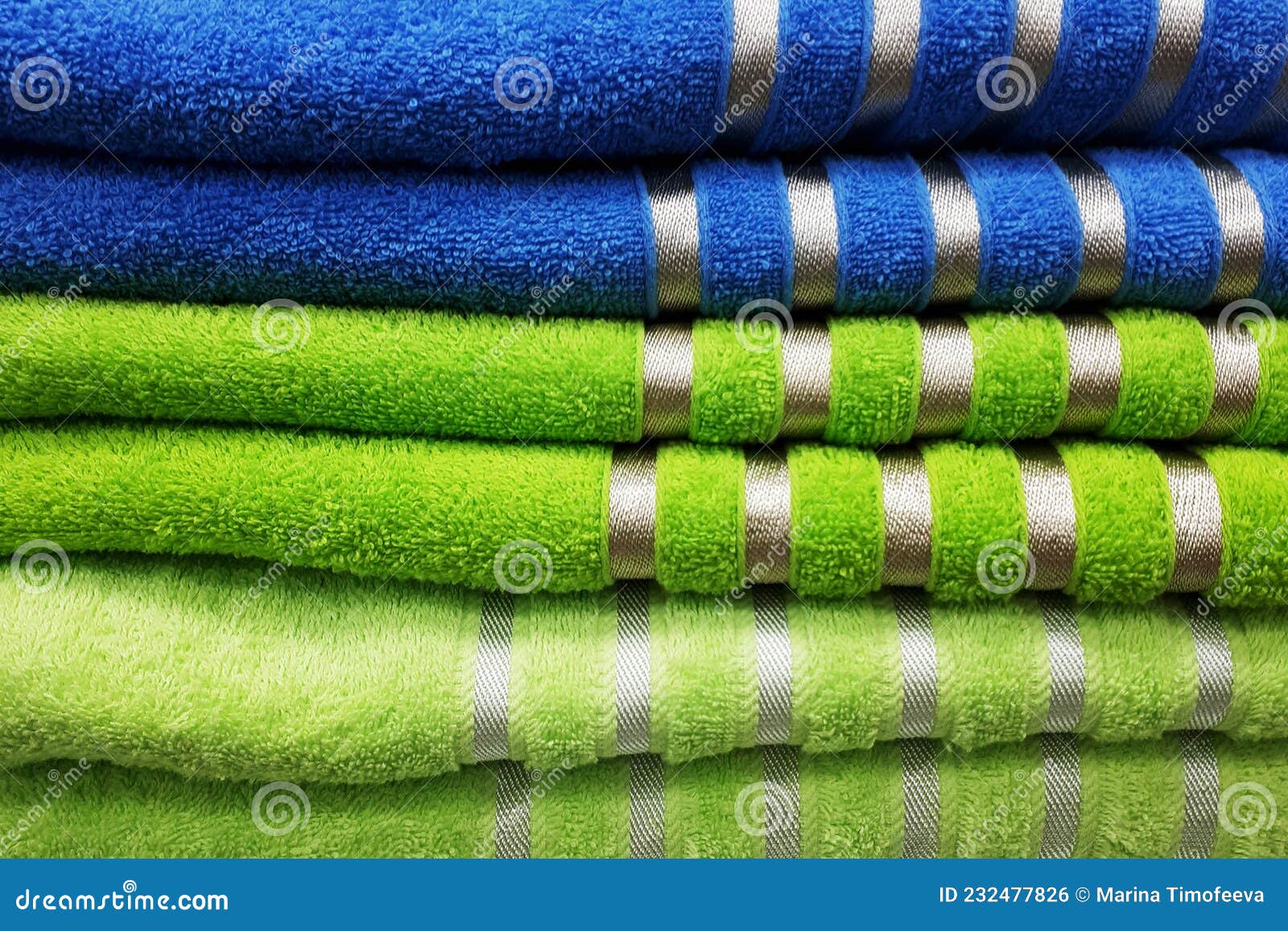 Stack Colorful Blue and Green Towels Closeup. Stock Photo Image of