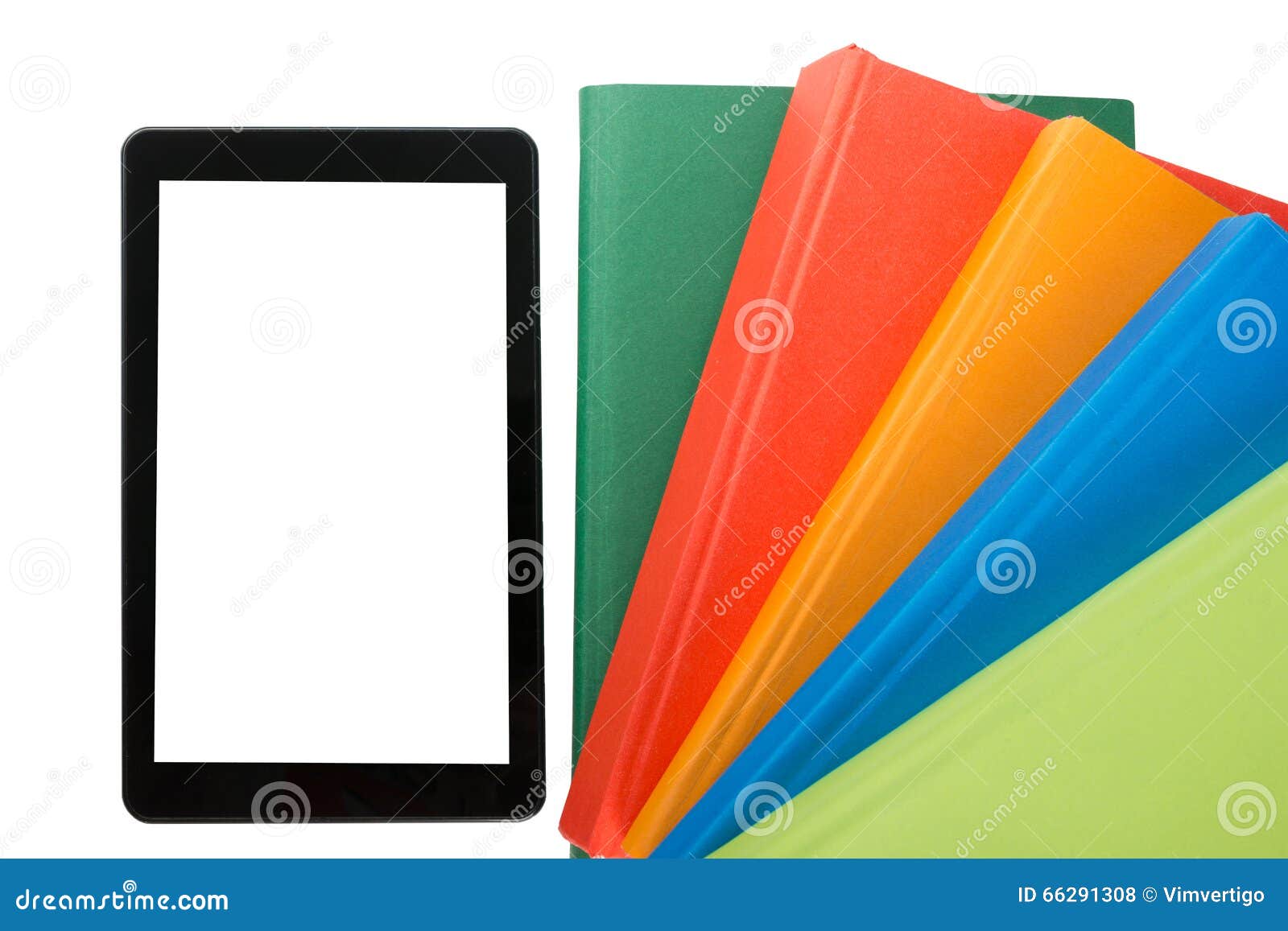 Stack of Colorful Books and Electronic Book Reader. Electronic Library Concept. Back To School