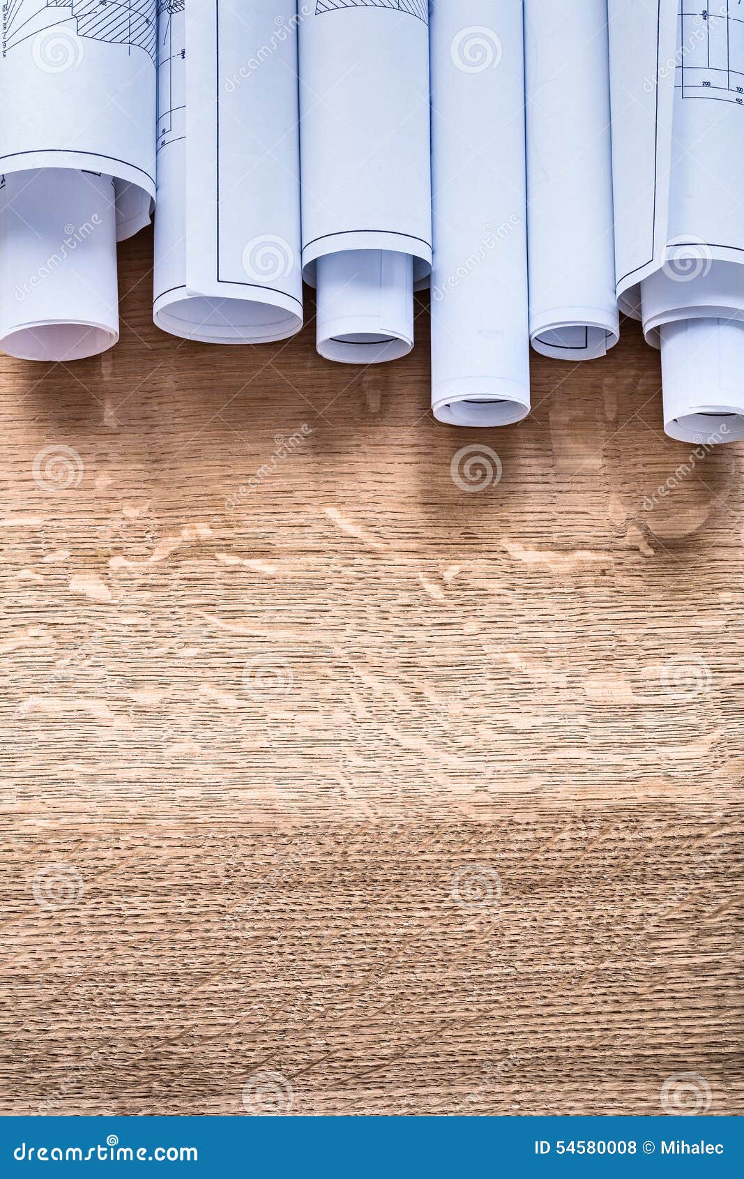 Stack of Construction Plans on Wooden Oaken Board Stock Photo Image