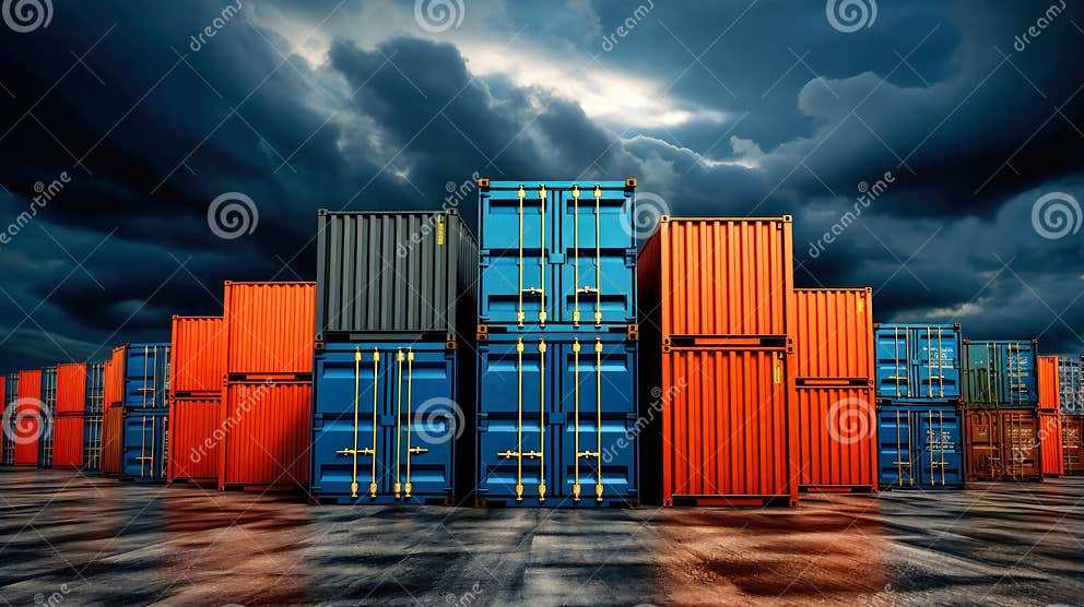 Stack of Container Boxes at Cargo Station, Cargo Delivery for Import ...