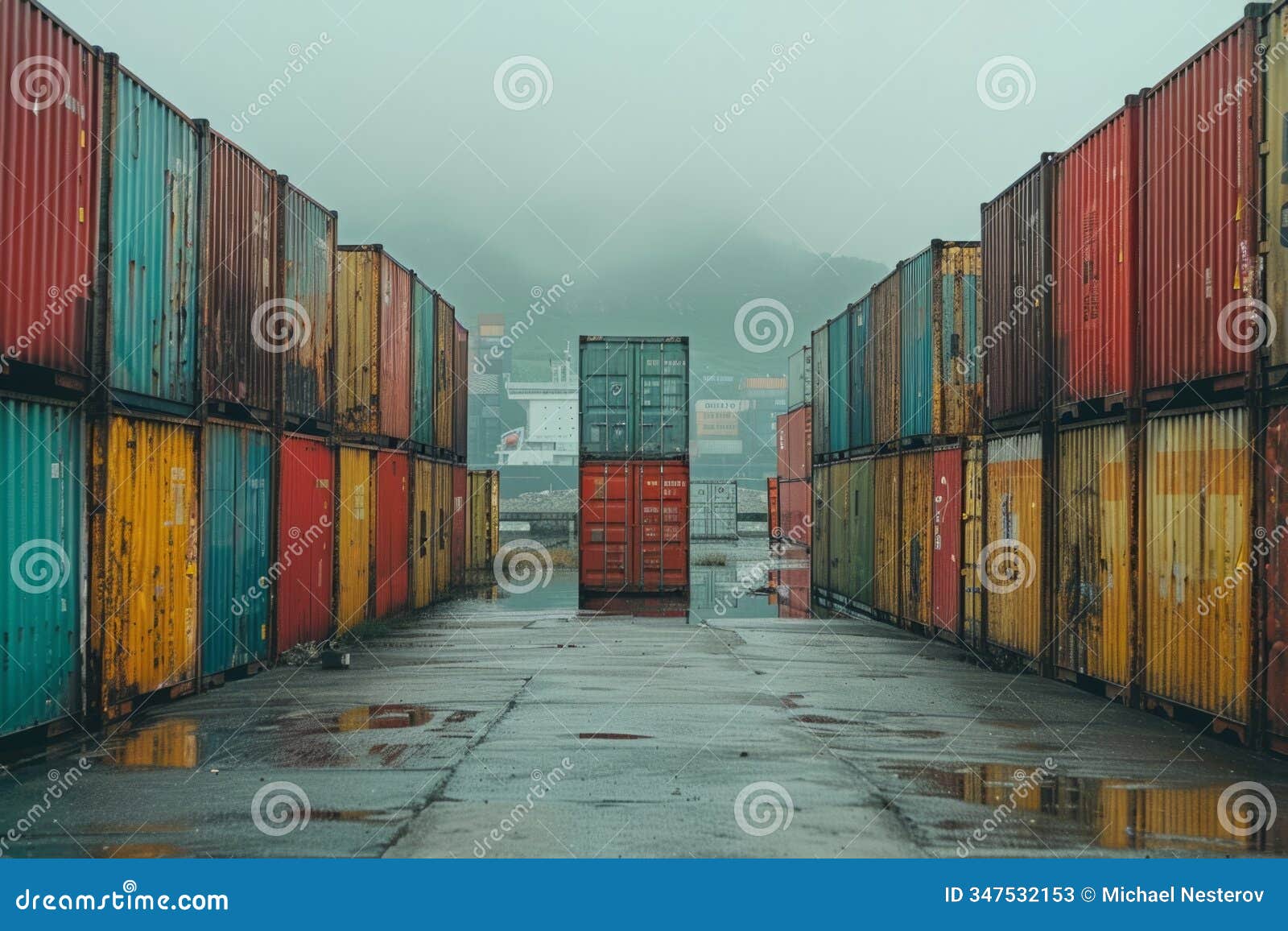 stack of containers in a cargo seaport, export, import concept