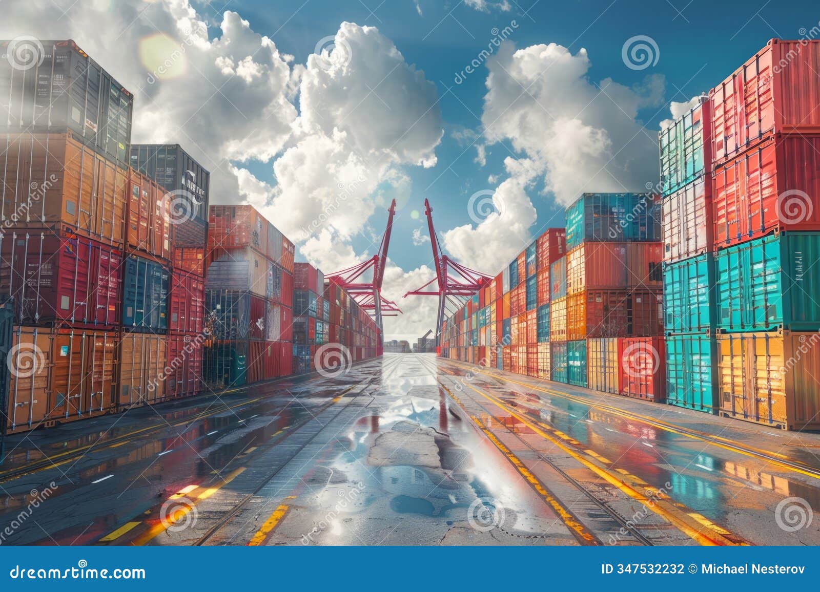 stack of containers in a cargo seaport, export, import concept