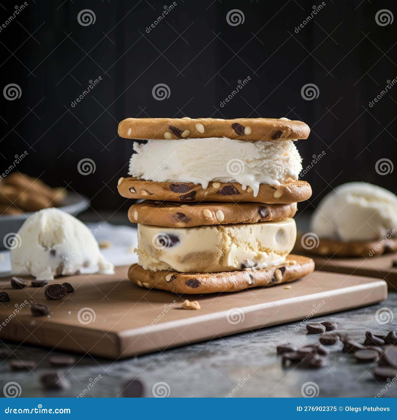 A Stack of Cookies and Ice Cream Sandwiches on a Cutting Board Stock