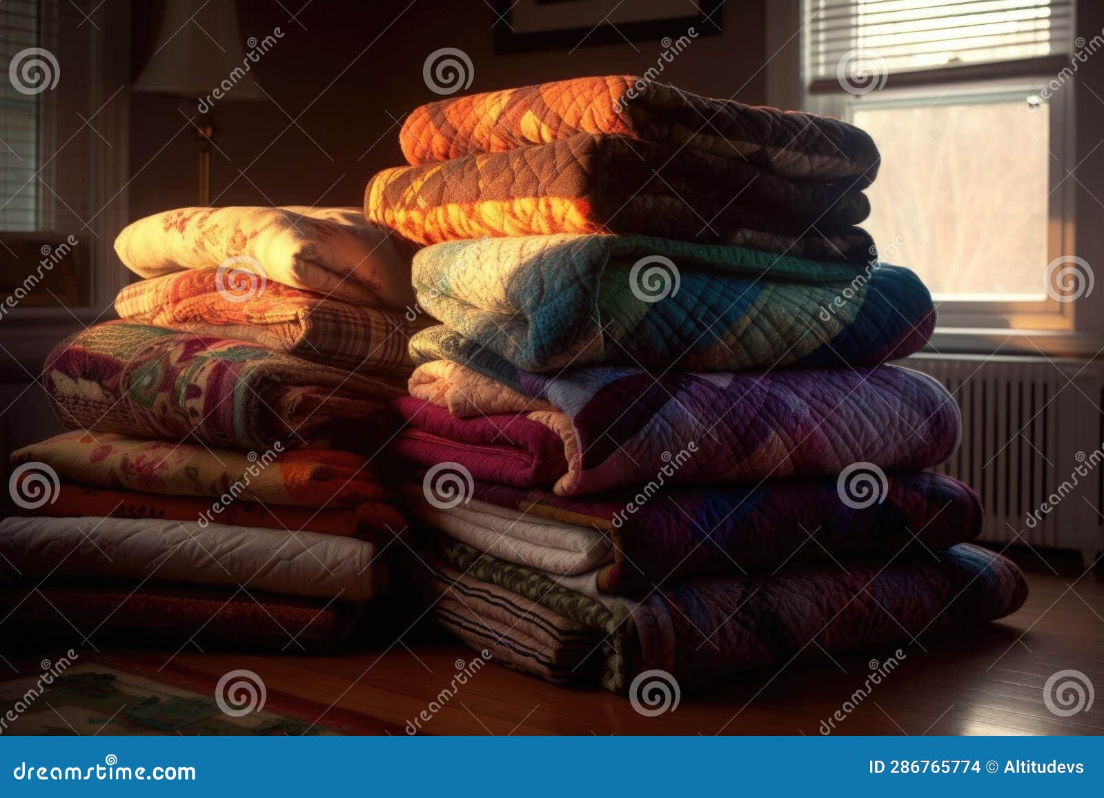 Stack of Cozy Quilts in Soft, Warm Lighting Stock Illustration
