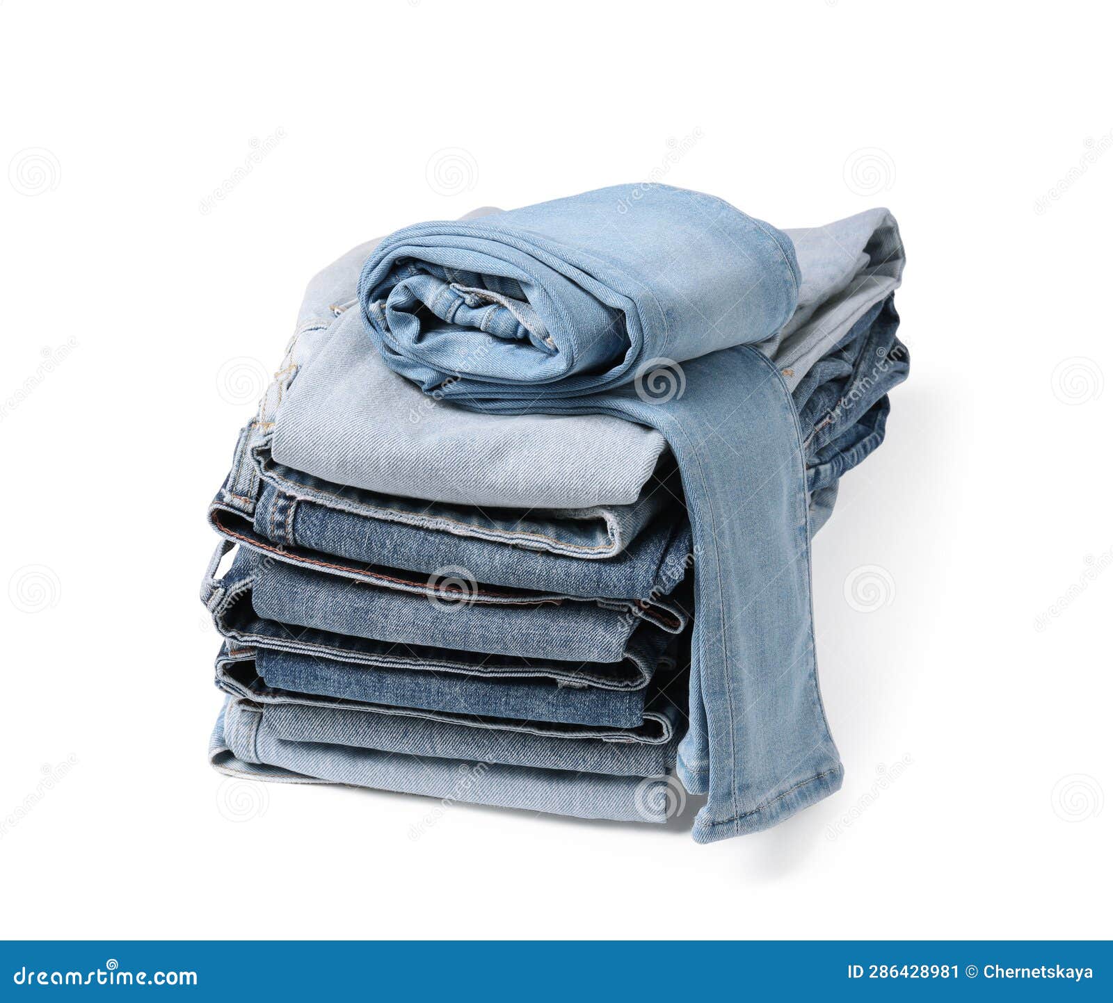 Stack of Different Folded Jeans Isolated on White Stock Image Image