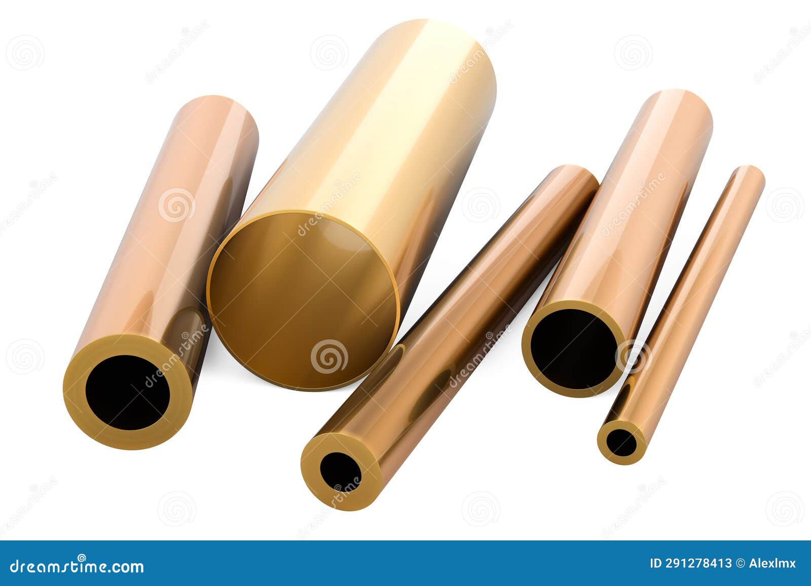 Stack of Different Sizes Round Pipes from Copper, Bronze or Brass. Cold