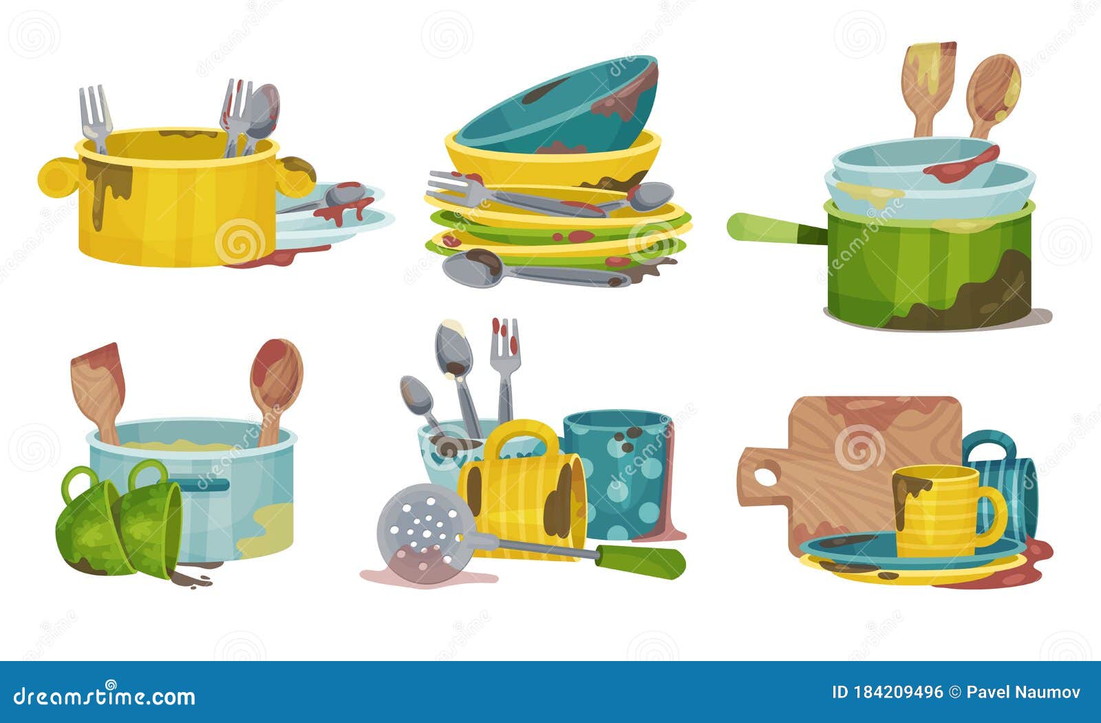 Stack of Dirty Kitchen Utensil and Dinnerware with Plates and Spoons