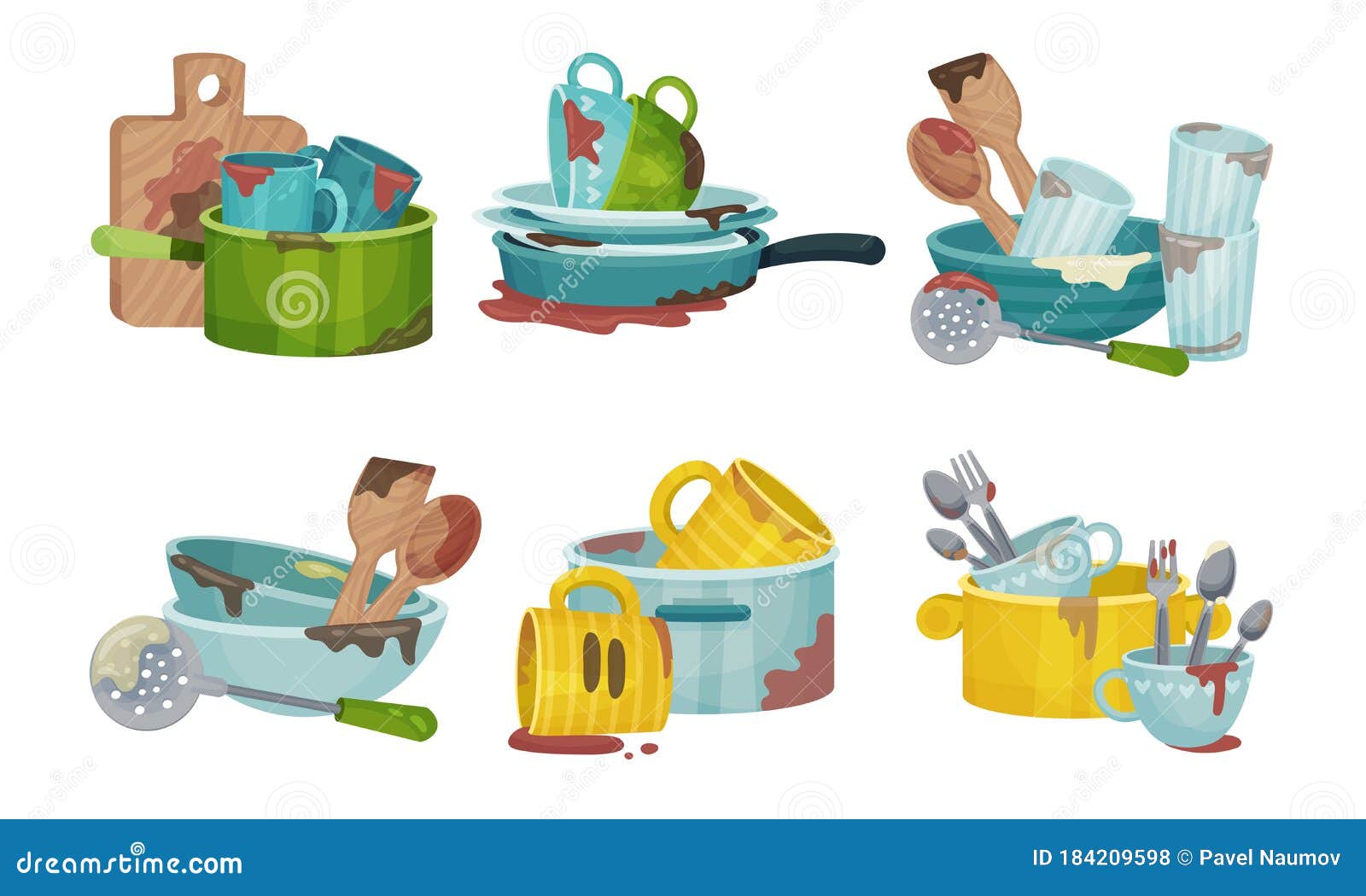 Stack of Dirty Kitchen Utensil and Dinnerware with Plates and Spoons