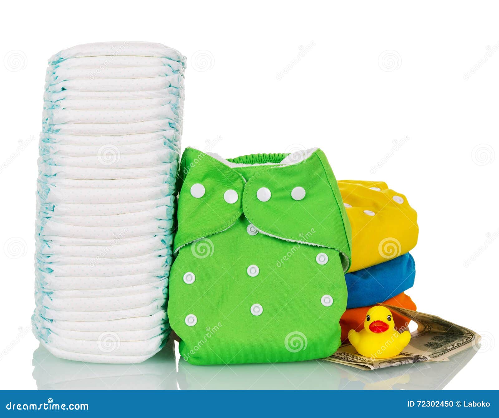 Stack of Disposable and Cloth Diapers, Money, Rubber Duck Isolated