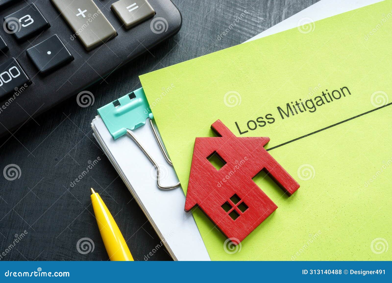 a stack of documents about loss mitigation with a figurine of a house.