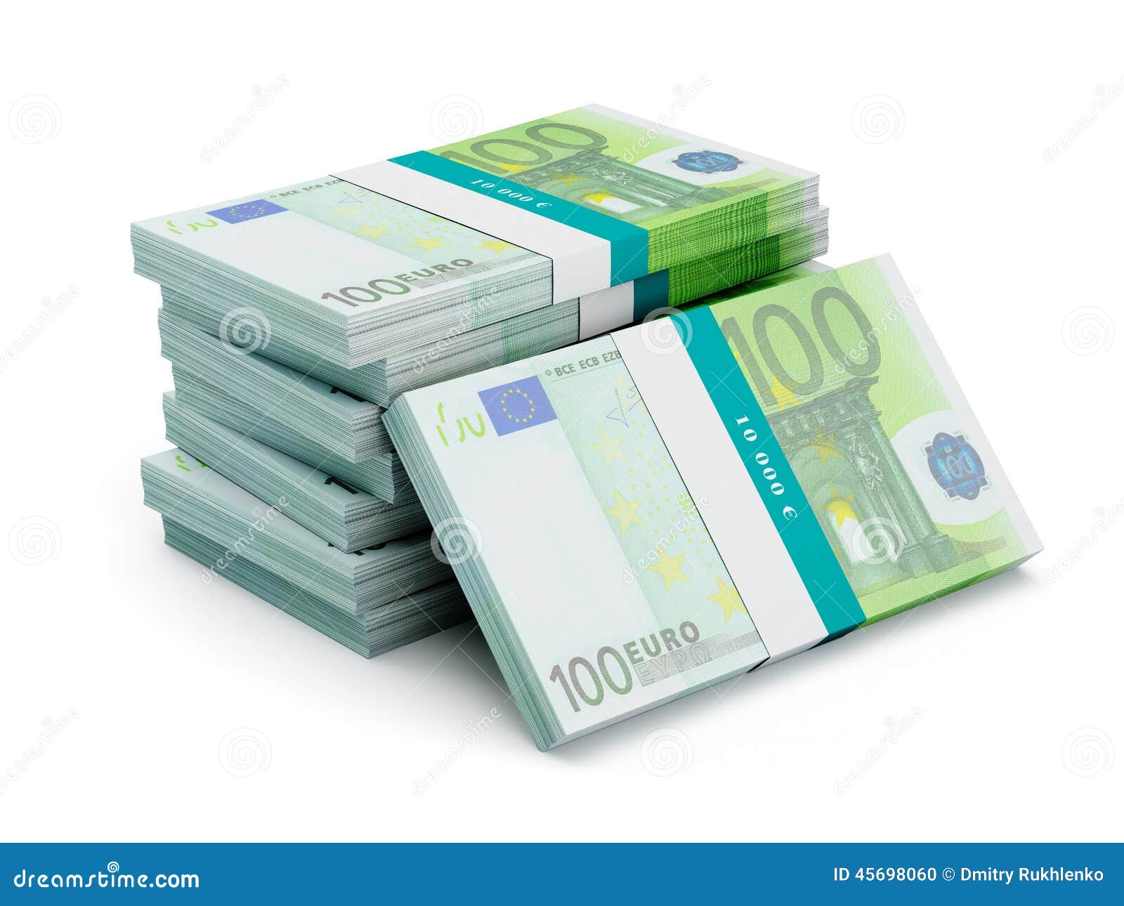 Stack of 100 euro banknotes bundles. Creative business finance making money concept - stack of 100 euro banknotes bills bundles on white background