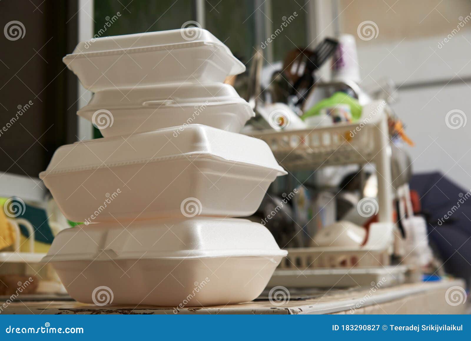 Stack of Foam Packagings after Meal in the Kitchen Stock Image Image