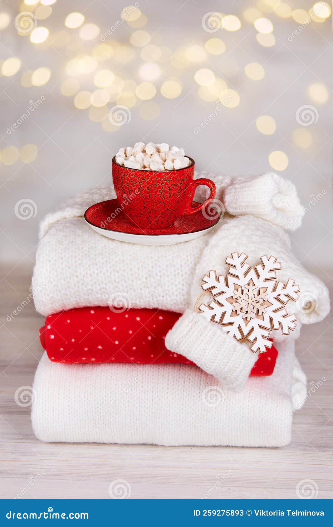 A Stack of Folded Knitted Sweaters, a Red Cup of Cocoa with Marshmallows Stock Image Image of