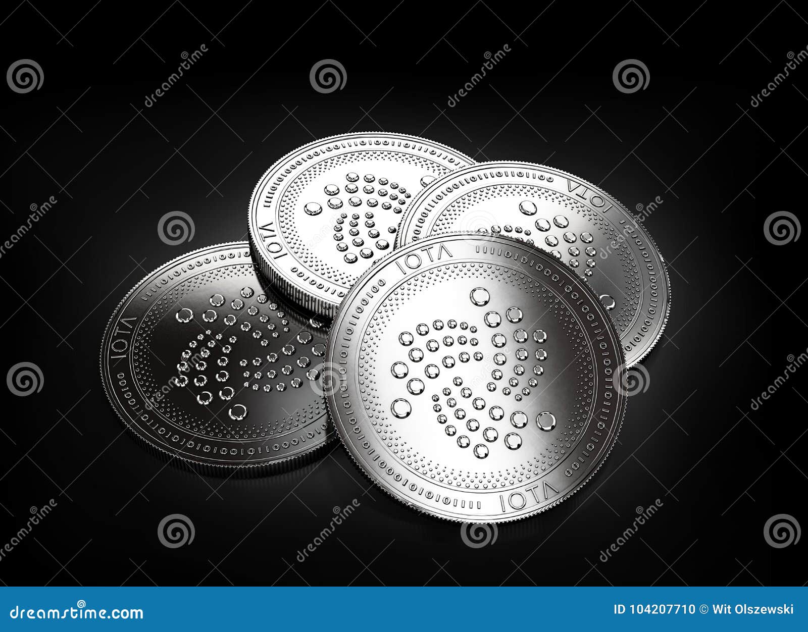 stack of four silver iota coins laying on the black background
