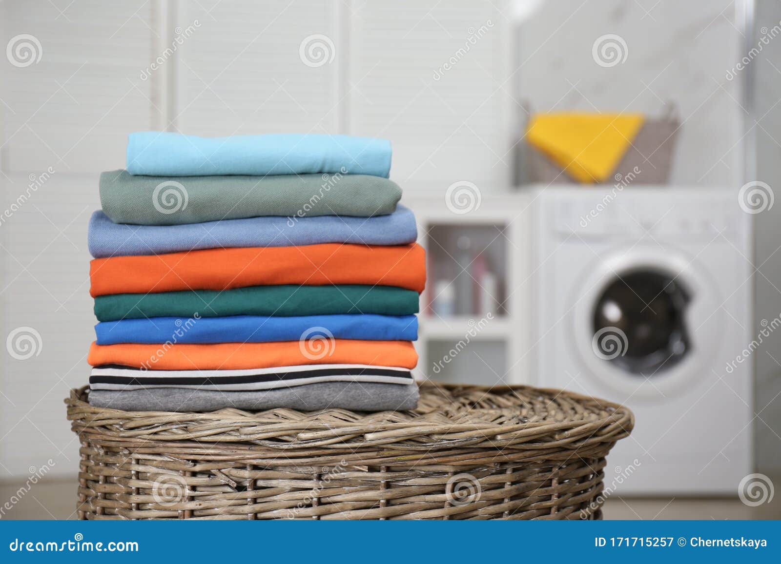 Stack of Fresh Laundry on Basket in Bathroom Stock Image Image of