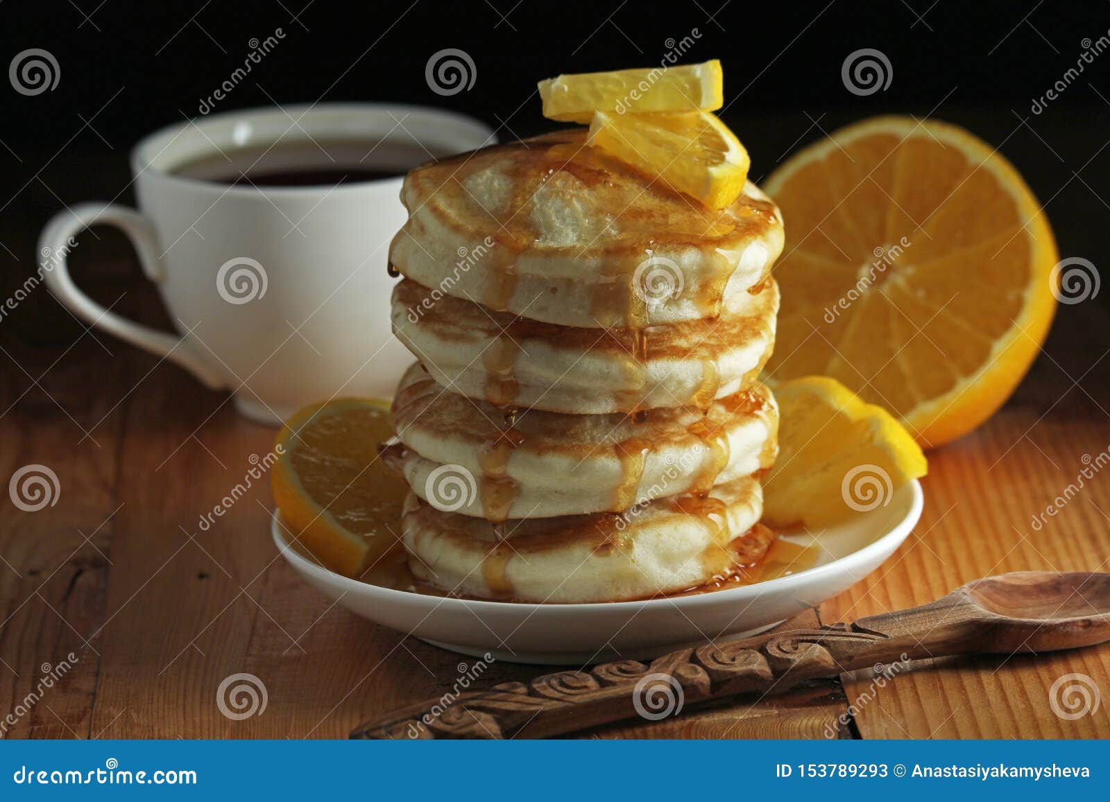 A Stack of Freshly Backed Pancakes and a Cup of Coffee Stock Image