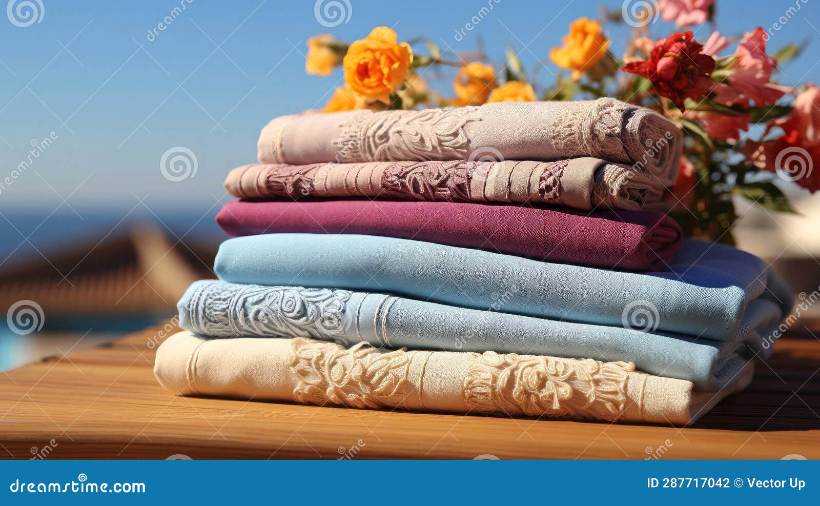 stack of freshly laundered linens with intricate stitc. generative ai.