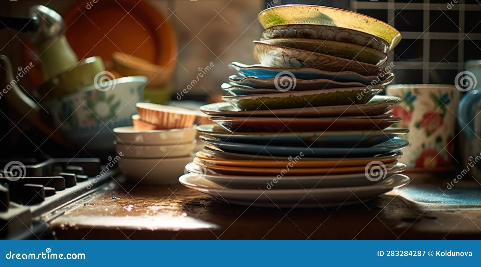 A Stack of Freshly Washed Dishes Sparkles in the Drying Rack, Concept