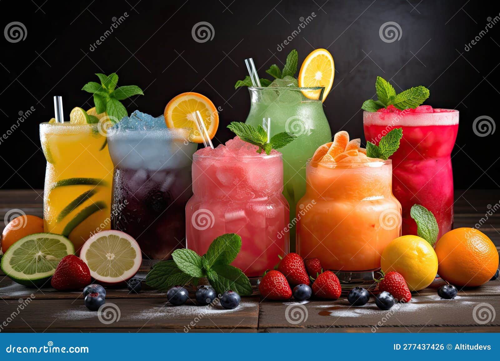 Stack of Frosty Summer Drinks with Various Fruit Garnishes Stock Photo Image of tropical