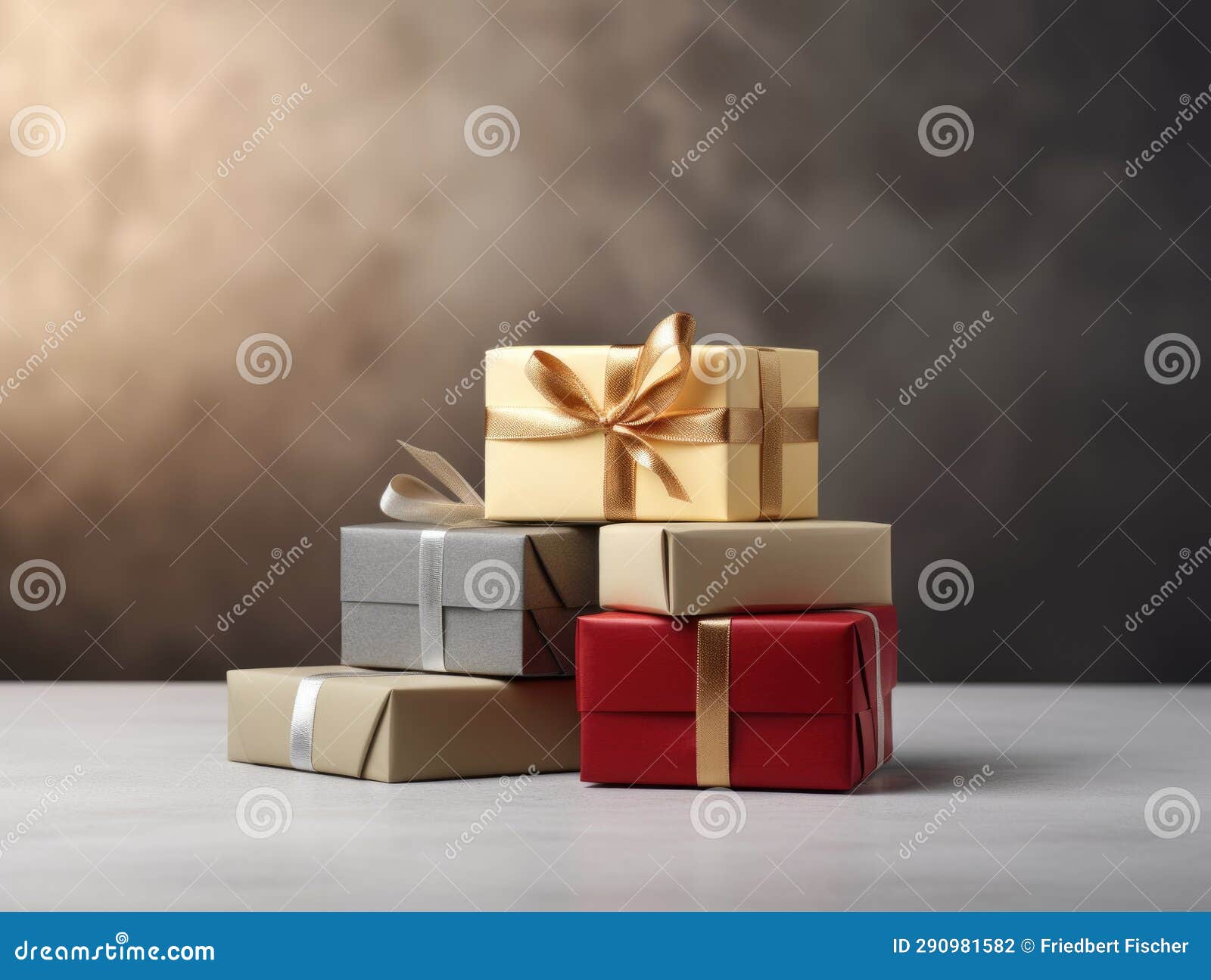 A Stack of Gift Boxes with a Gold Bow. Stock Photo Image of closeup