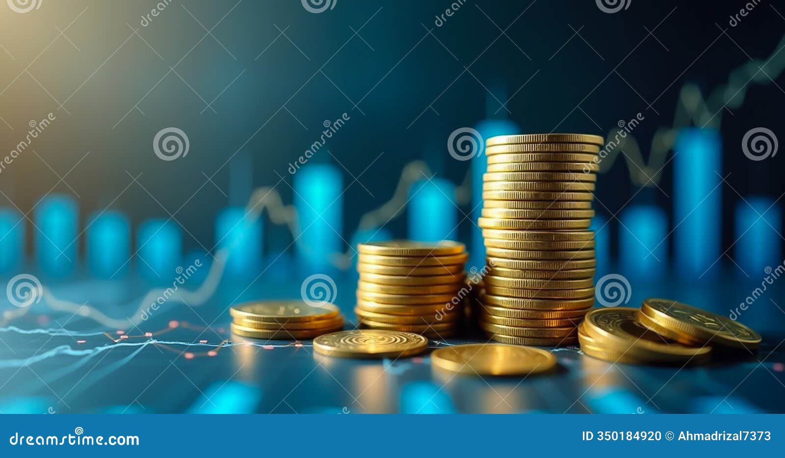 stack of gold coins with financial charts background - investment, economic growth and trading 