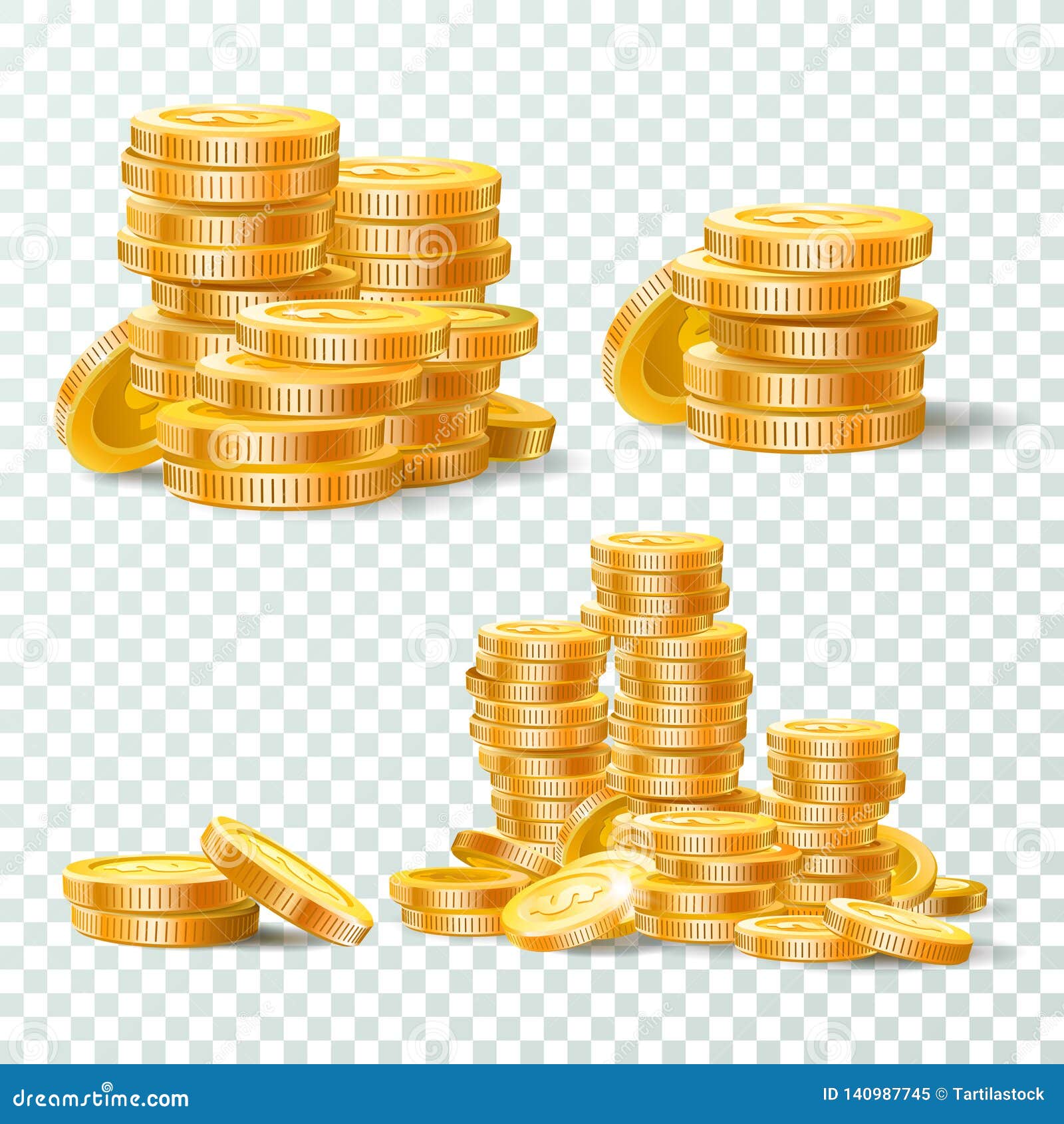 stack of gold coins. golden coin pile, money stacks and golds piles   set