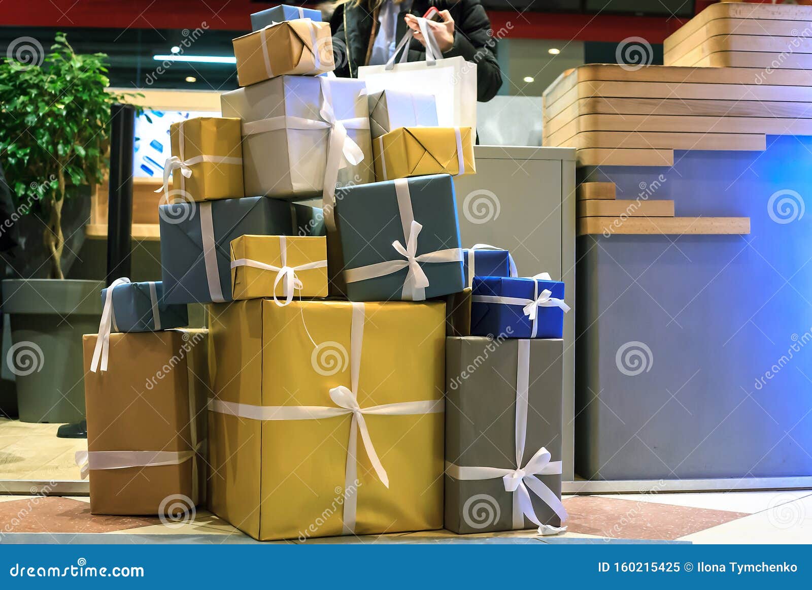 Stack of Large Gift Boxes in Wrapping Paper, Christmas Holidays Decor Stock Image Image of
