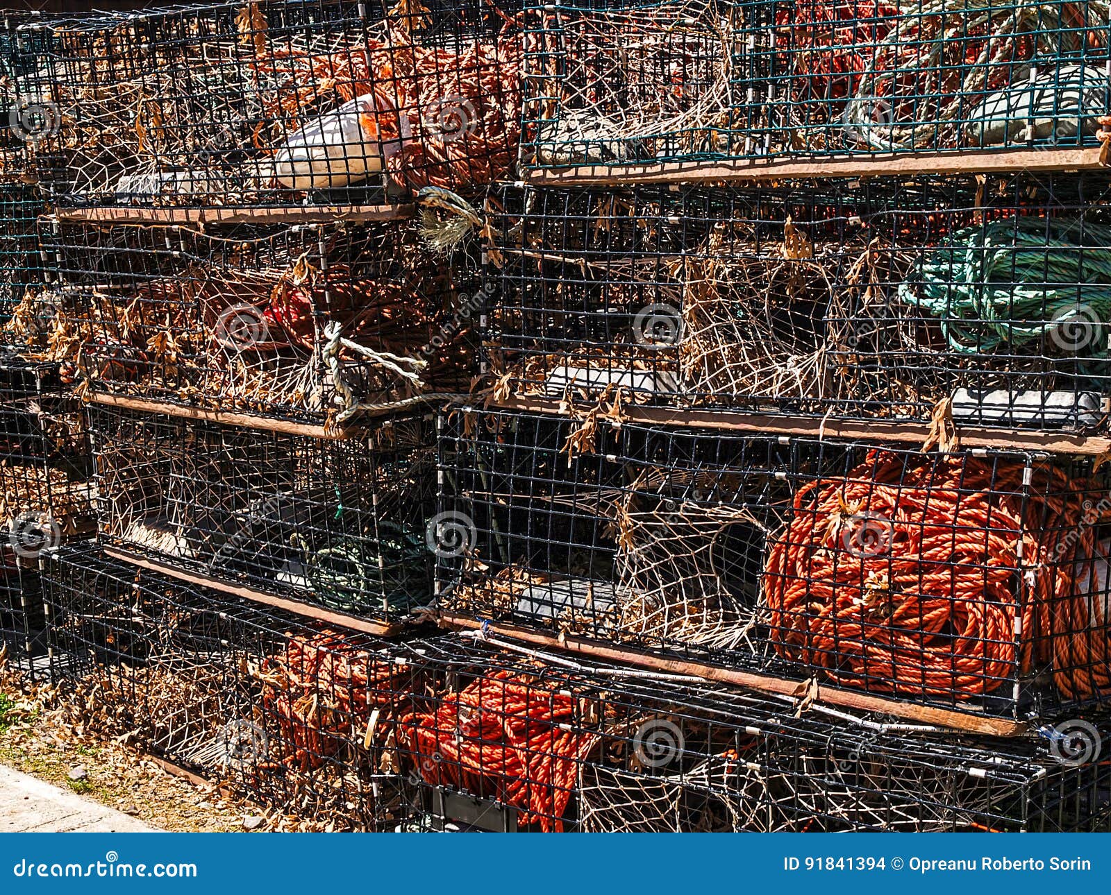 Stack of lobster traps stock photo. Image of cold, closeup 91841394