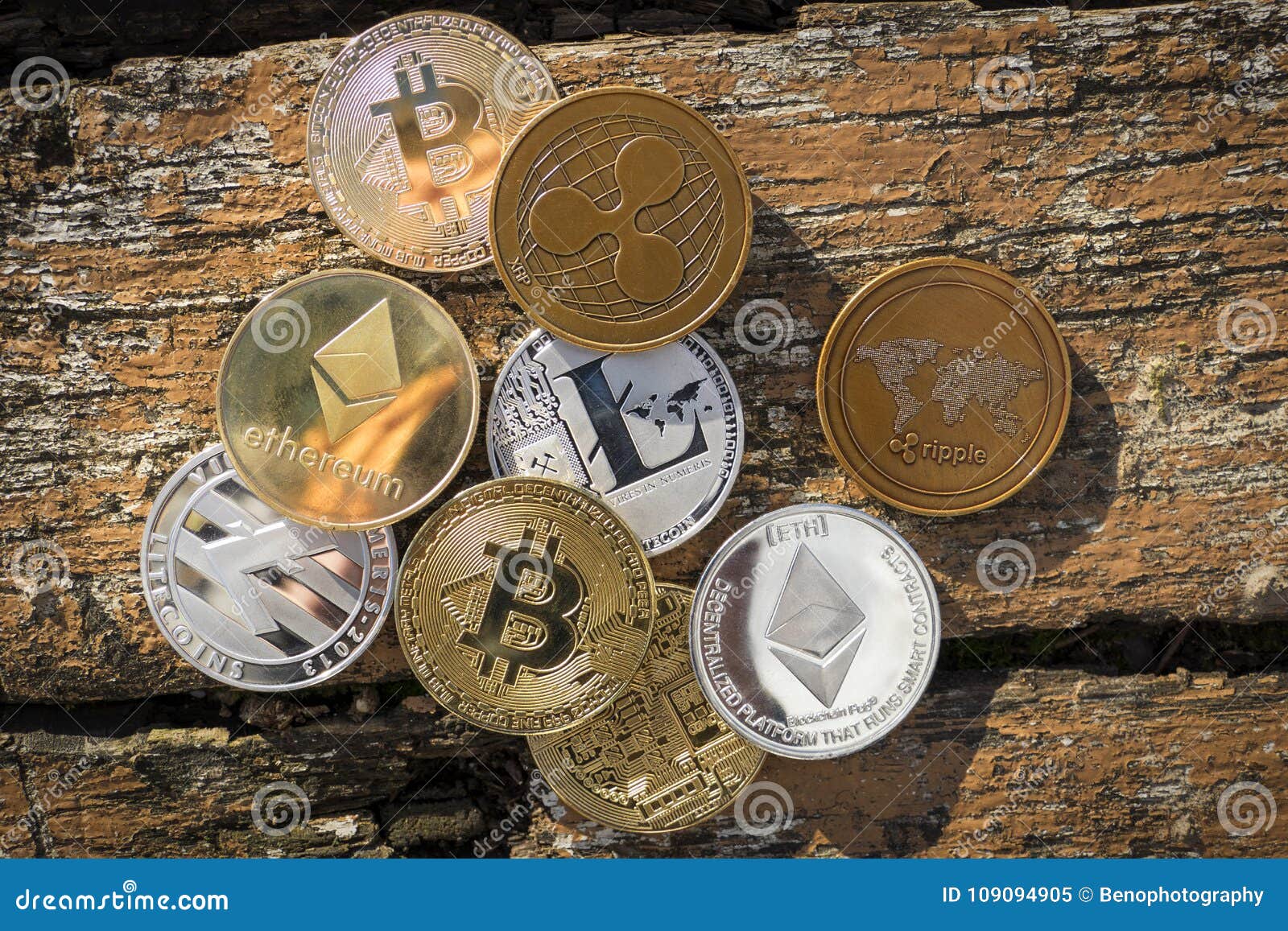 Stack Of Many Shiny Crypto Coins On Daylight In Nature On ...