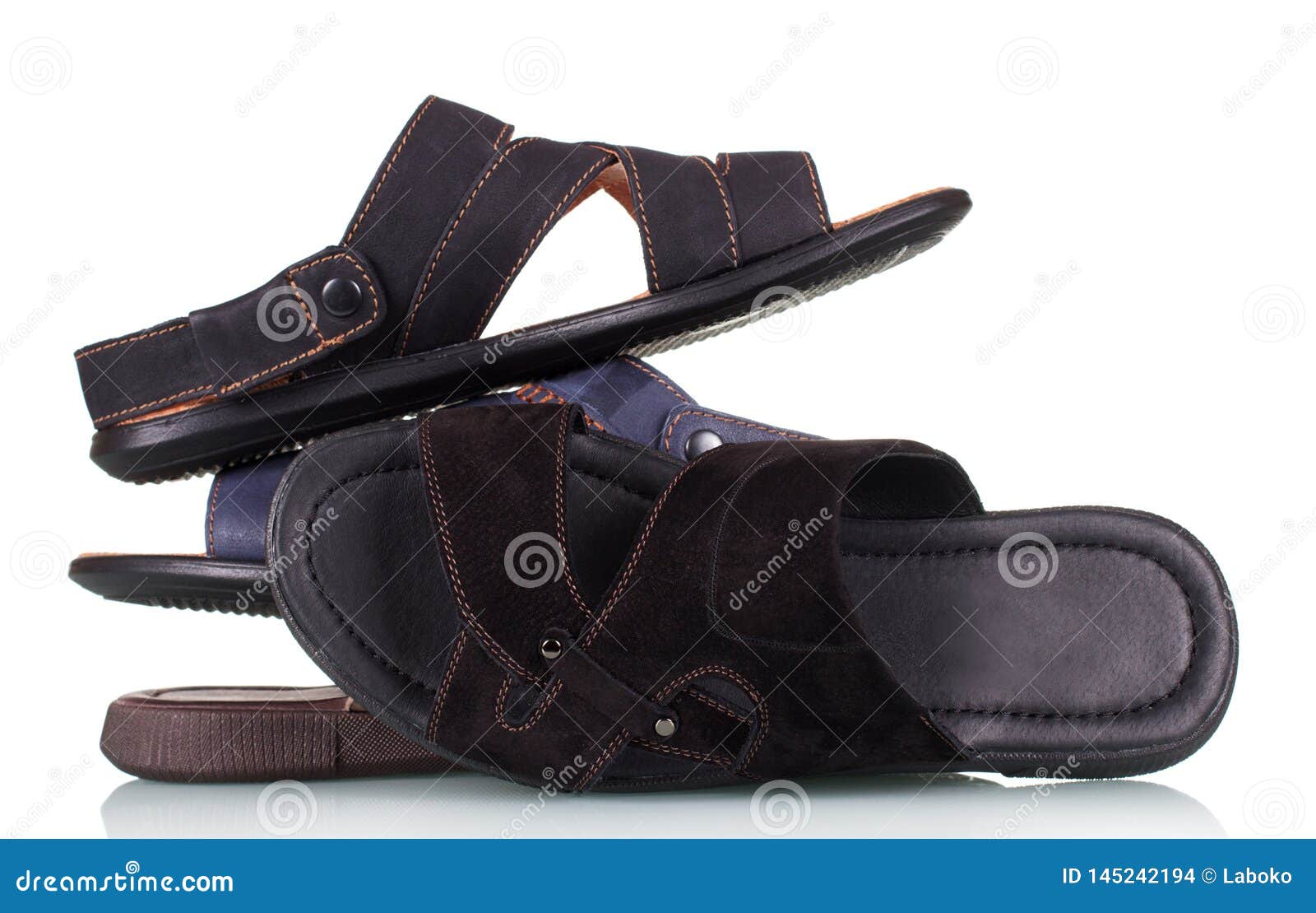 Stack of Men`s Summer Sandals on White Stock Photo - Image of beach ...