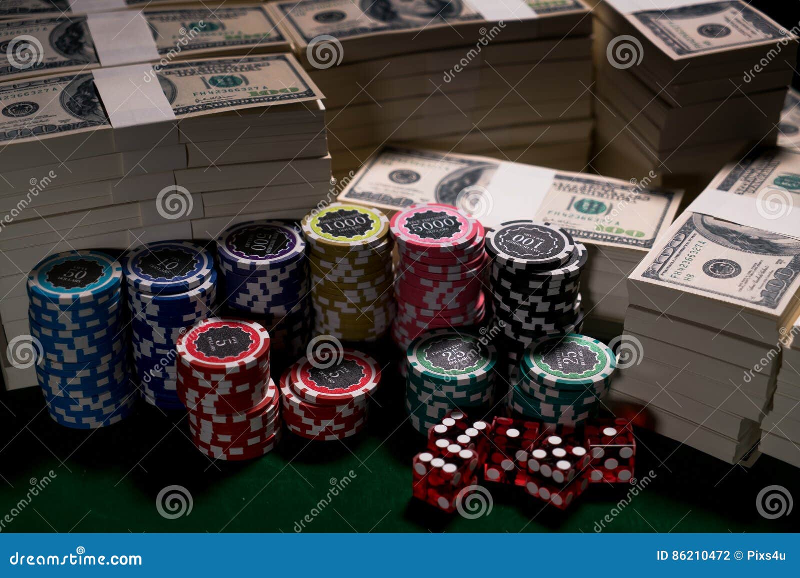 Stack 1 Million US Dollars Bill with Row Chips and Dices Stock Photo
