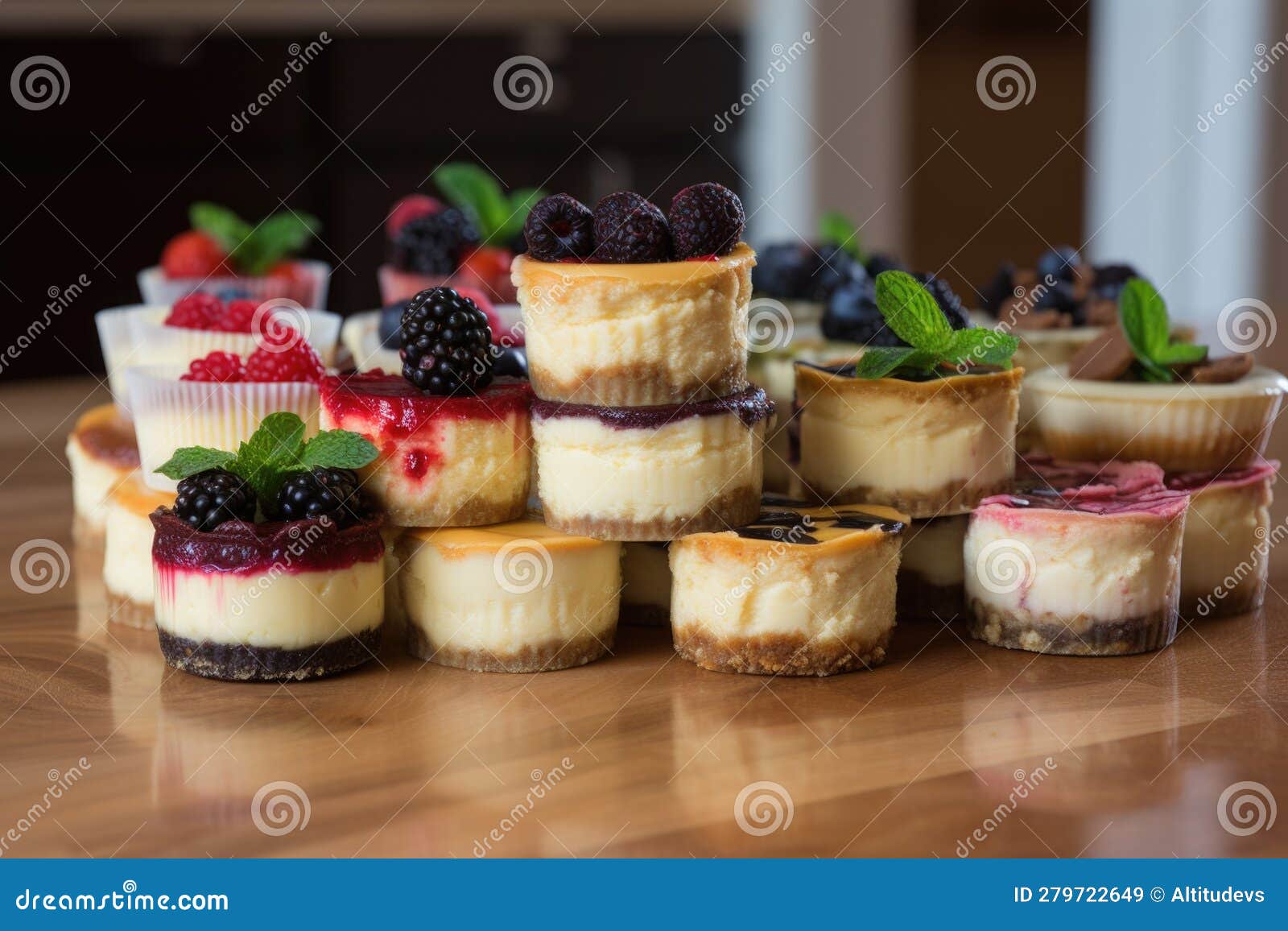 Stack of Miniature Cheesecakes, Each One with Different Flavor and
