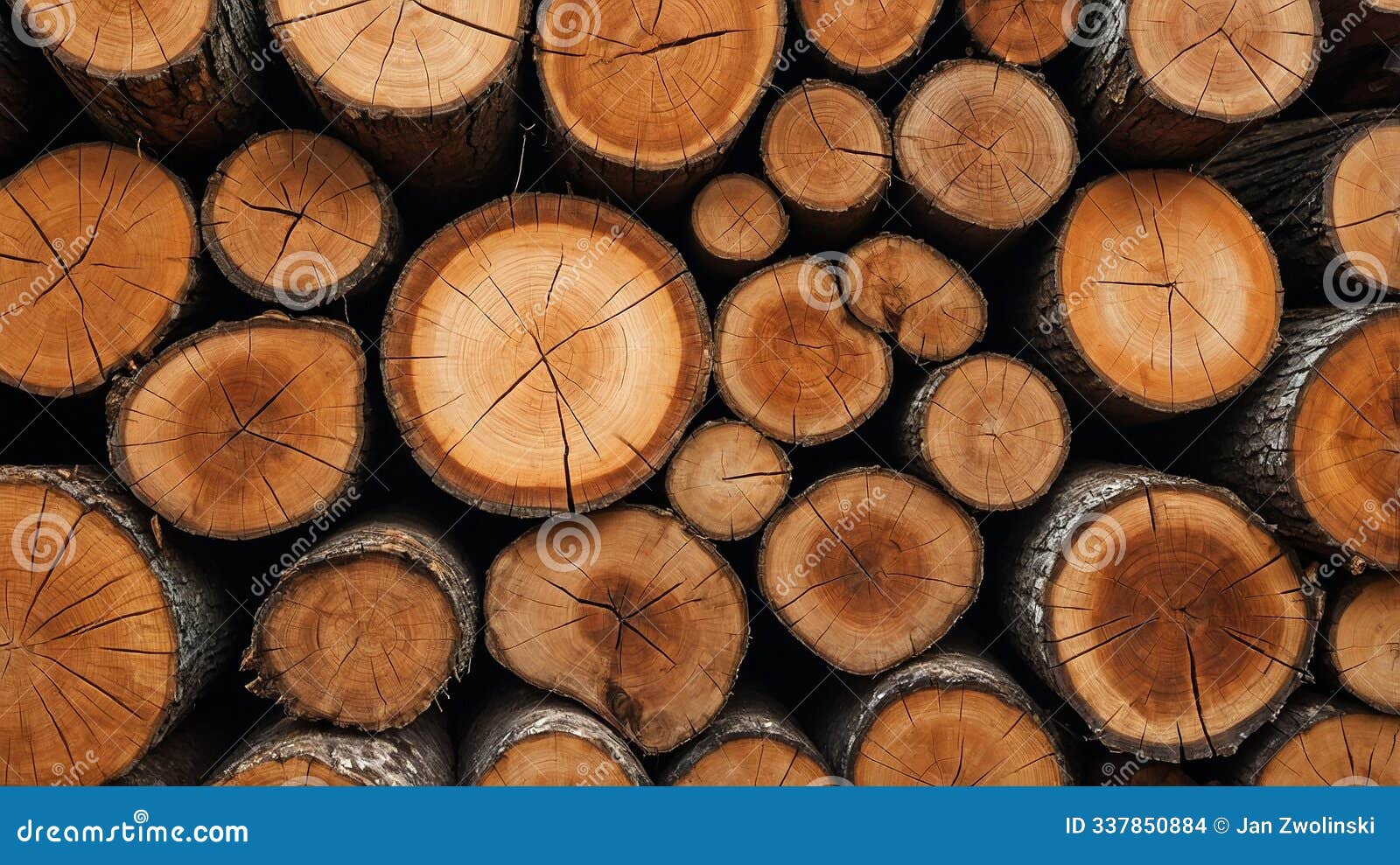 stack of neatly arranged cut wooden logs showcasing tree rings in a close-up view, natural and geometric