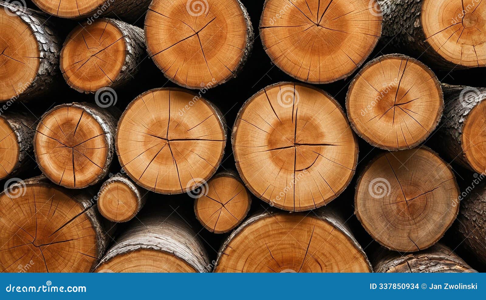 stack of neatly arranged cut wooden logs showcasing tree rings in a close-up view, natural and geometric