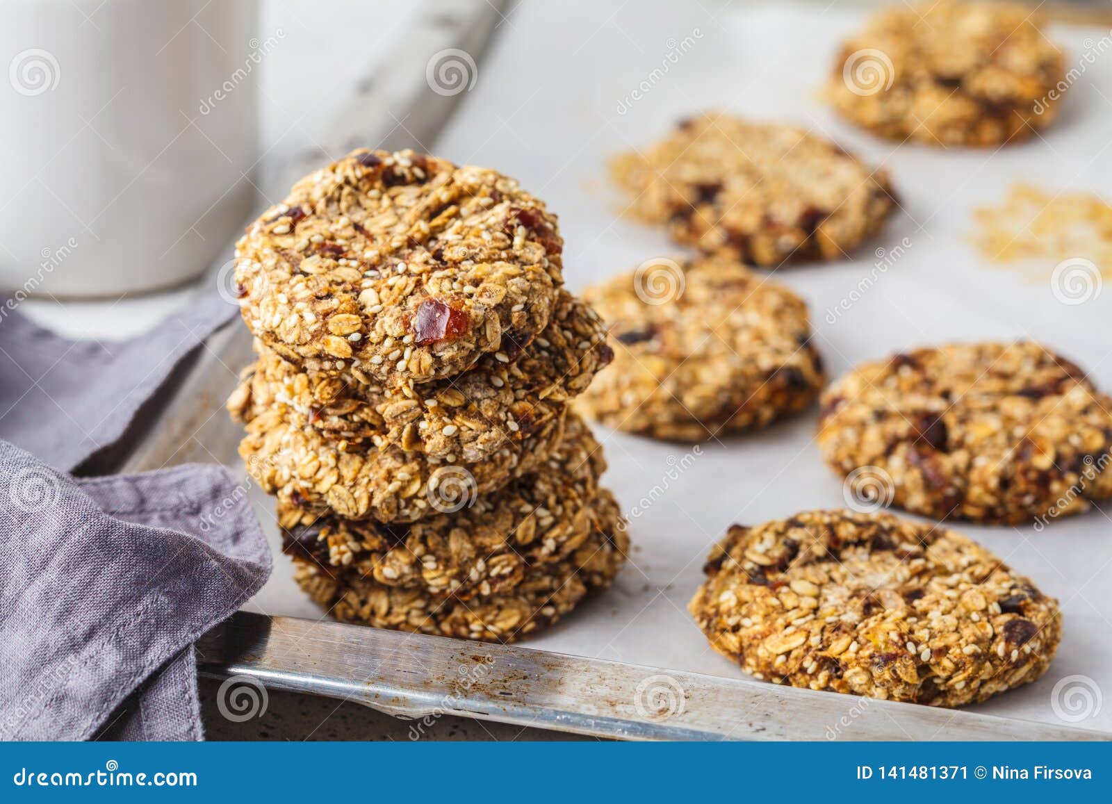 Stack of Oatmeal Cookies with Dates. Healthy Dessert Concept Stock