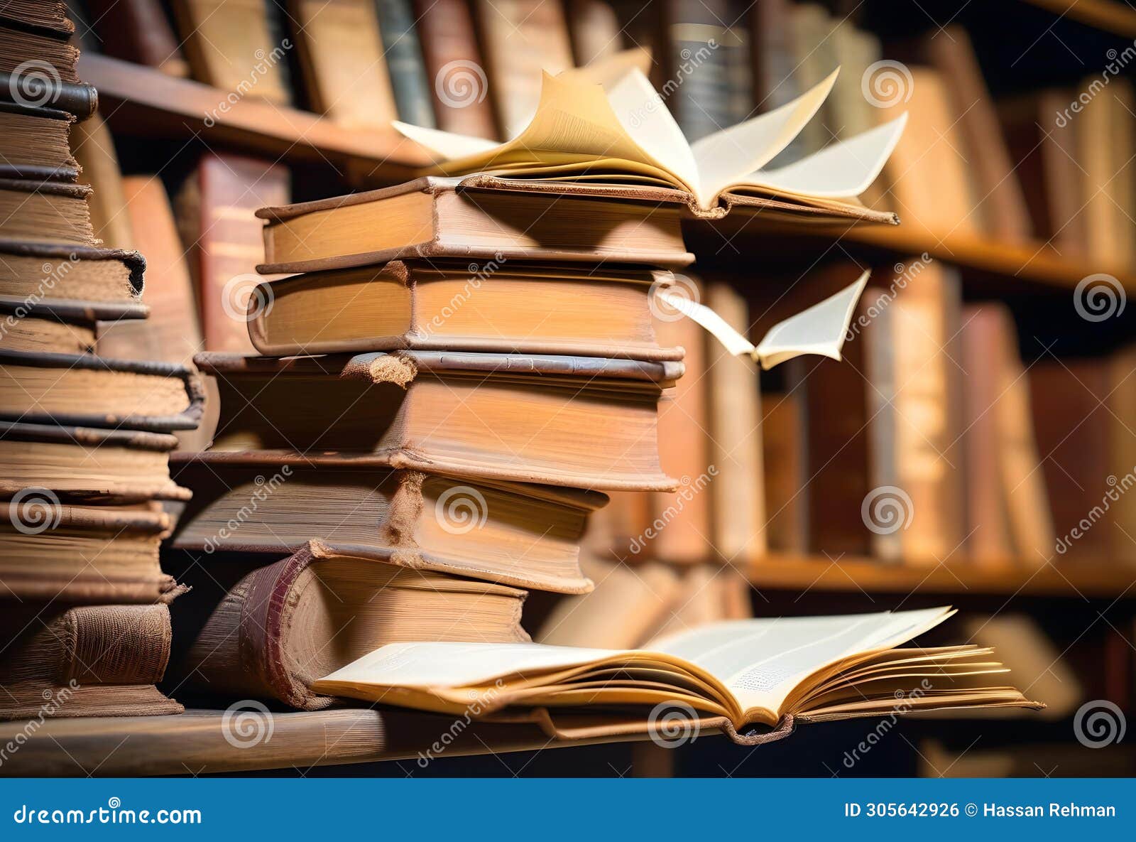 a stack of old books and flying book pages against the background of the shelves in the library