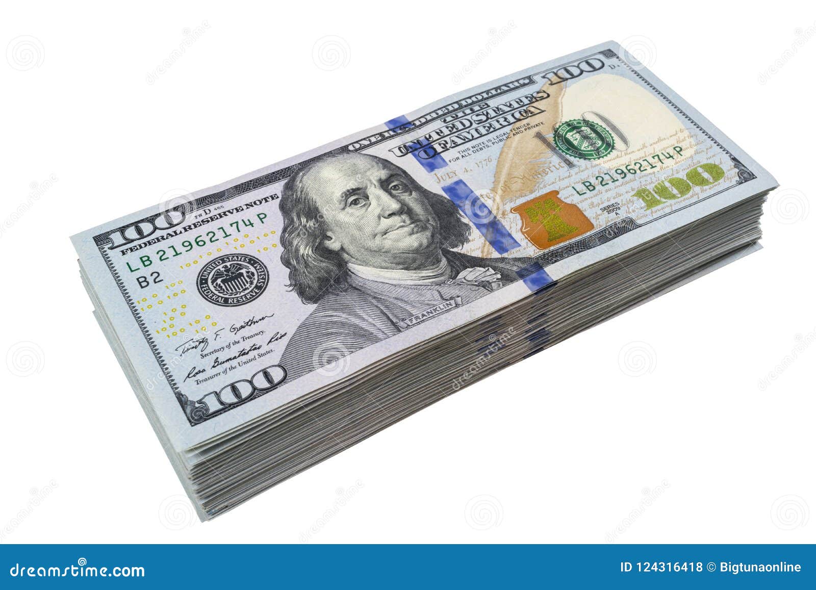 stack of one hundred dollar bills  on white background. stack of cash money in hundred dollar banknotes. heap of hundred d