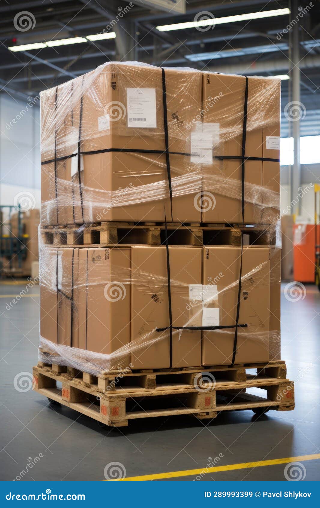 Stack of Package Boxes on Pallet in Storage. Supply Chain Cardboard