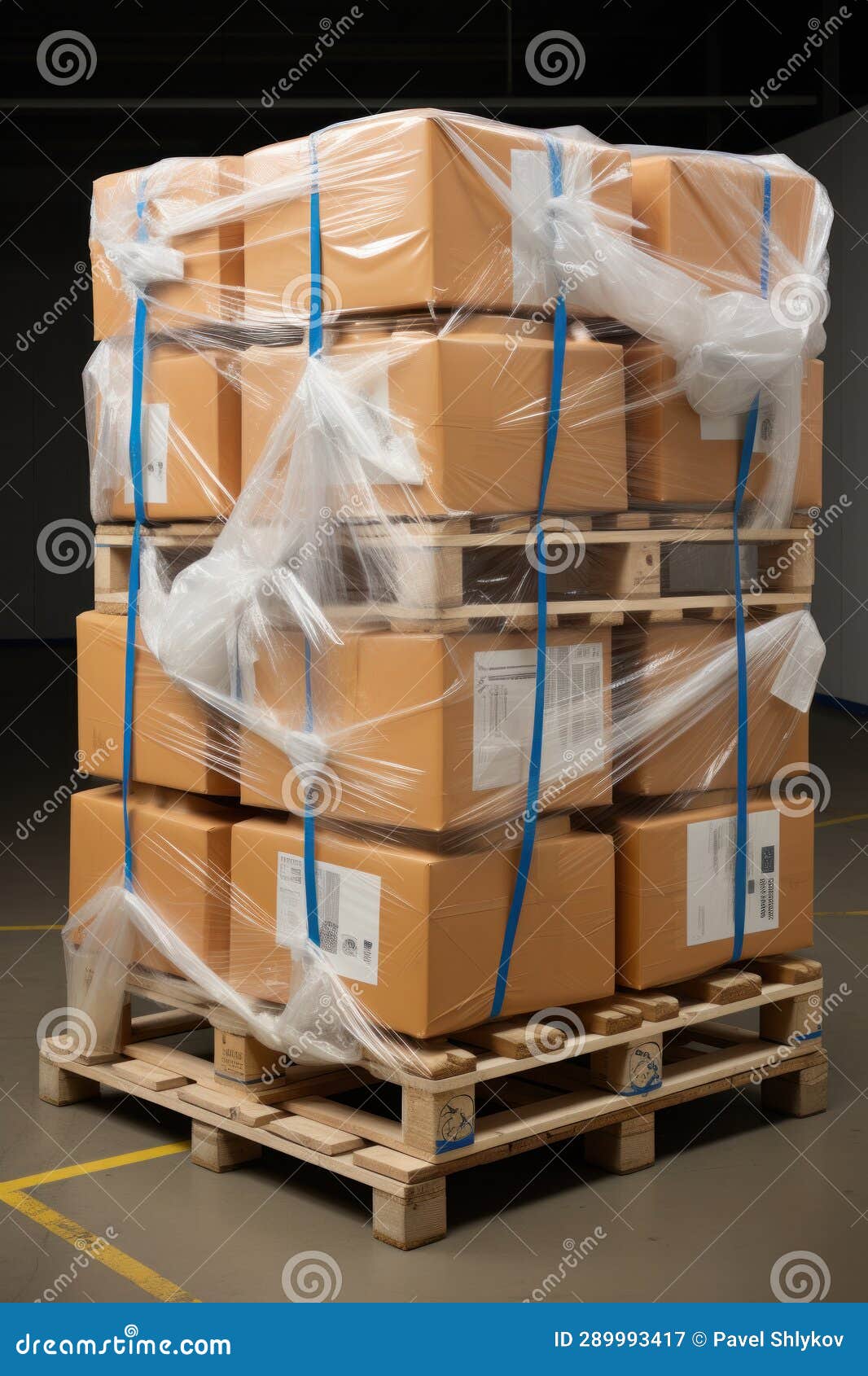 Stack of Package Boxes on Pallet in Storage. Supply Chain Cardboard