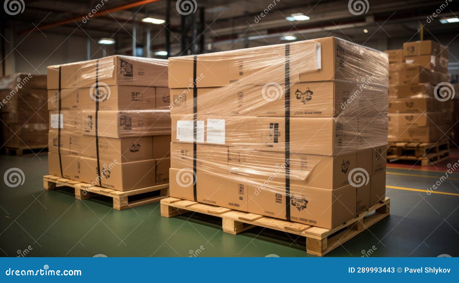 Stack of Package Boxes on Pallet in Storage. Supply Chain Cardboard