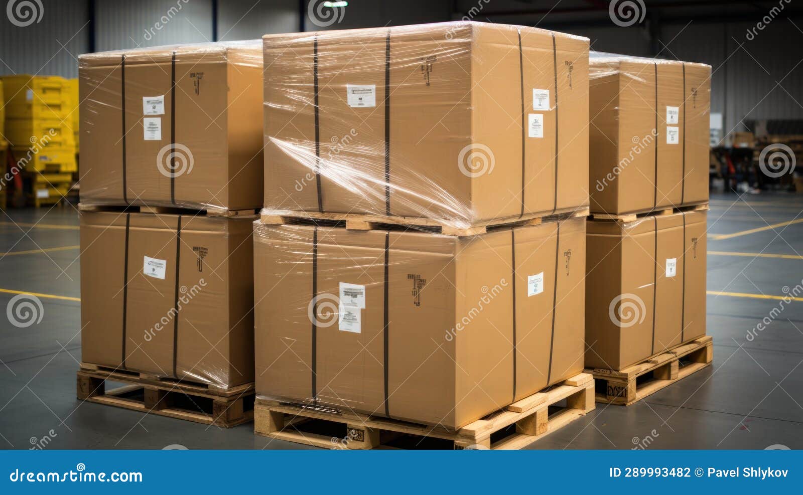 Stack of Package Boxes on Pallet in Storage. Supply Chain Cardboard