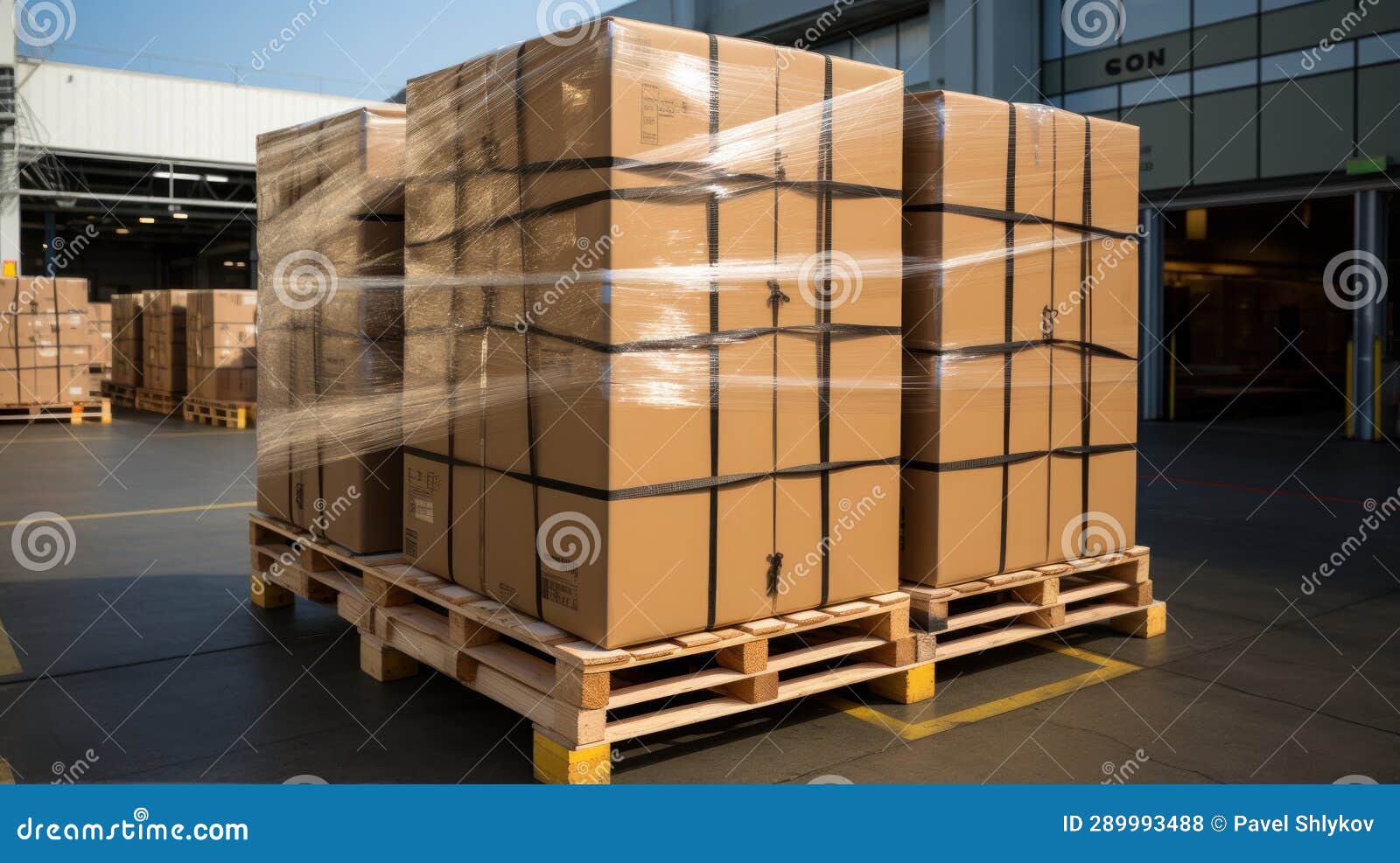 Stack of Package Boxes on Pallet in Storage. Supply Chain Cardboard