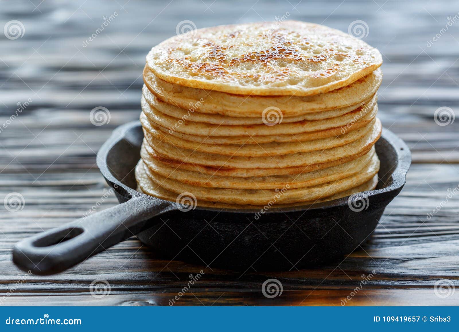 Stack of Pancakes in a Cast Iron Pan. Stock Image Image of food