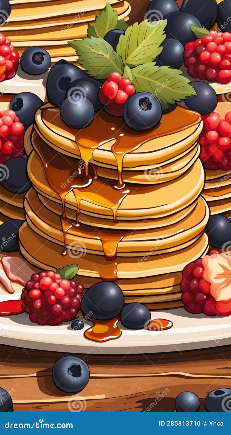 Stack of Pancakes with Maple Syrup, Butter and Berries AI Generated