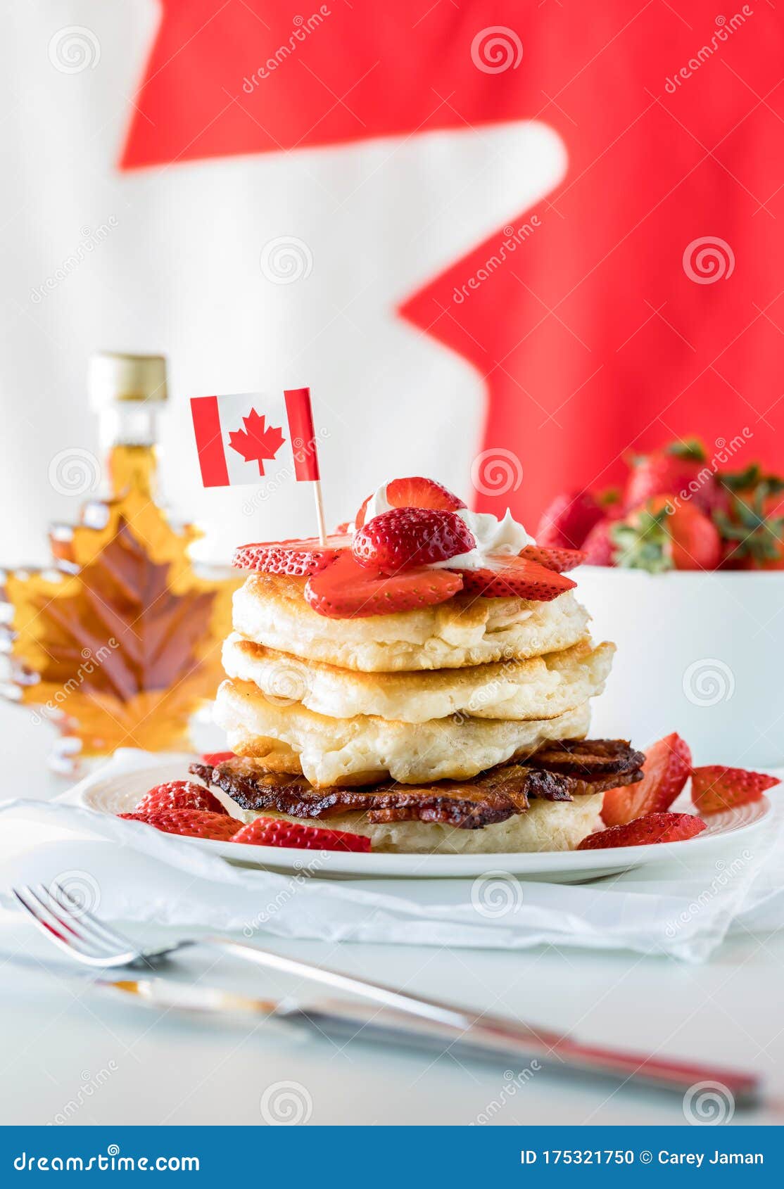 A Stack of Pancakes with Strawberries and Maple Syrup Against a Canadian  Flag Background. Canada Day Concept. Stock Photo - Image of food,  celebration: 175321750