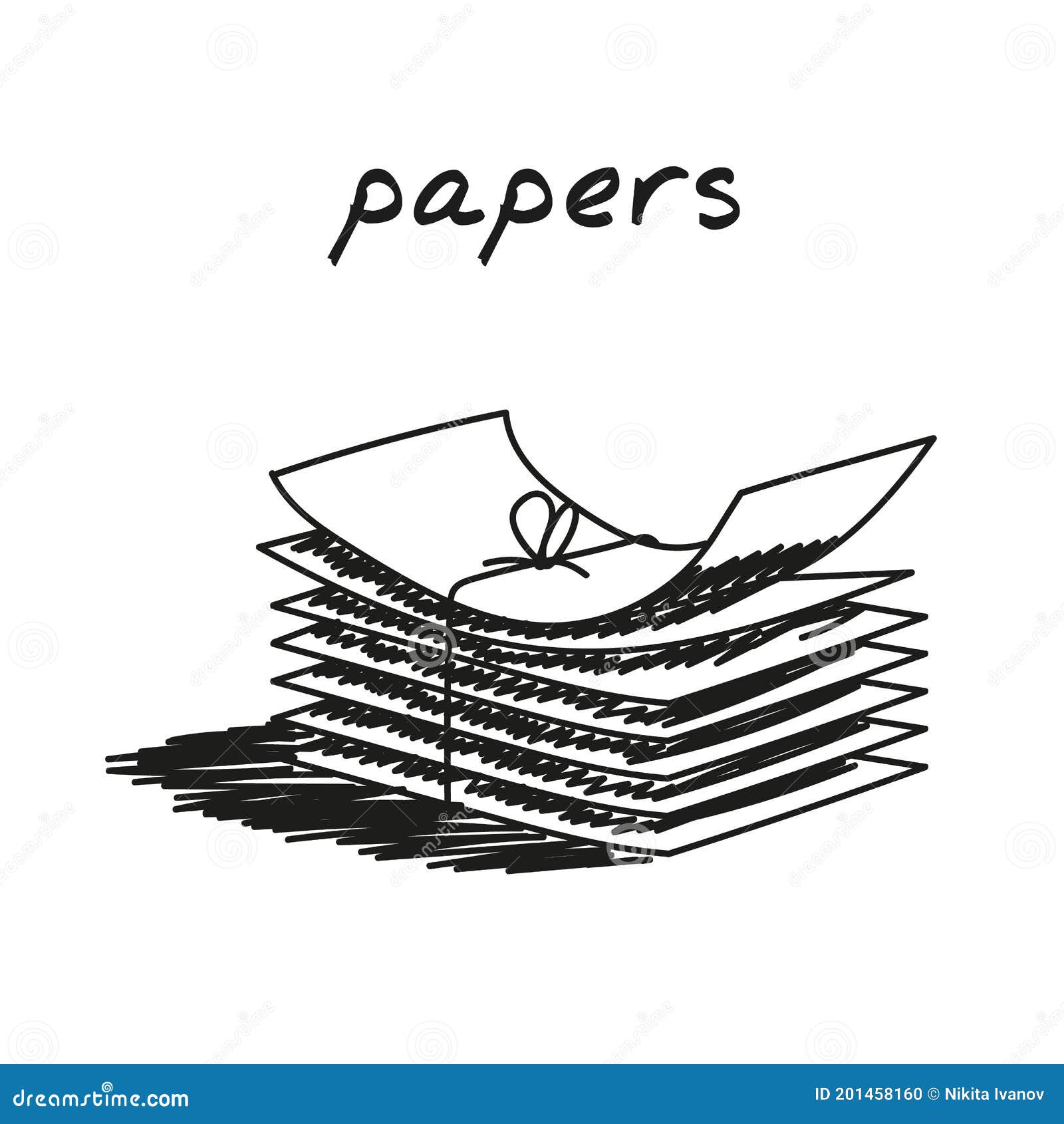 Stack of Papers Hand-drawn Illustration. Cartoon Vector Clip Art of a Pile  of Papers Tied with Thread. Black and White Sketch of Stock Vector -  Illustration of archive, equipment: 201458160